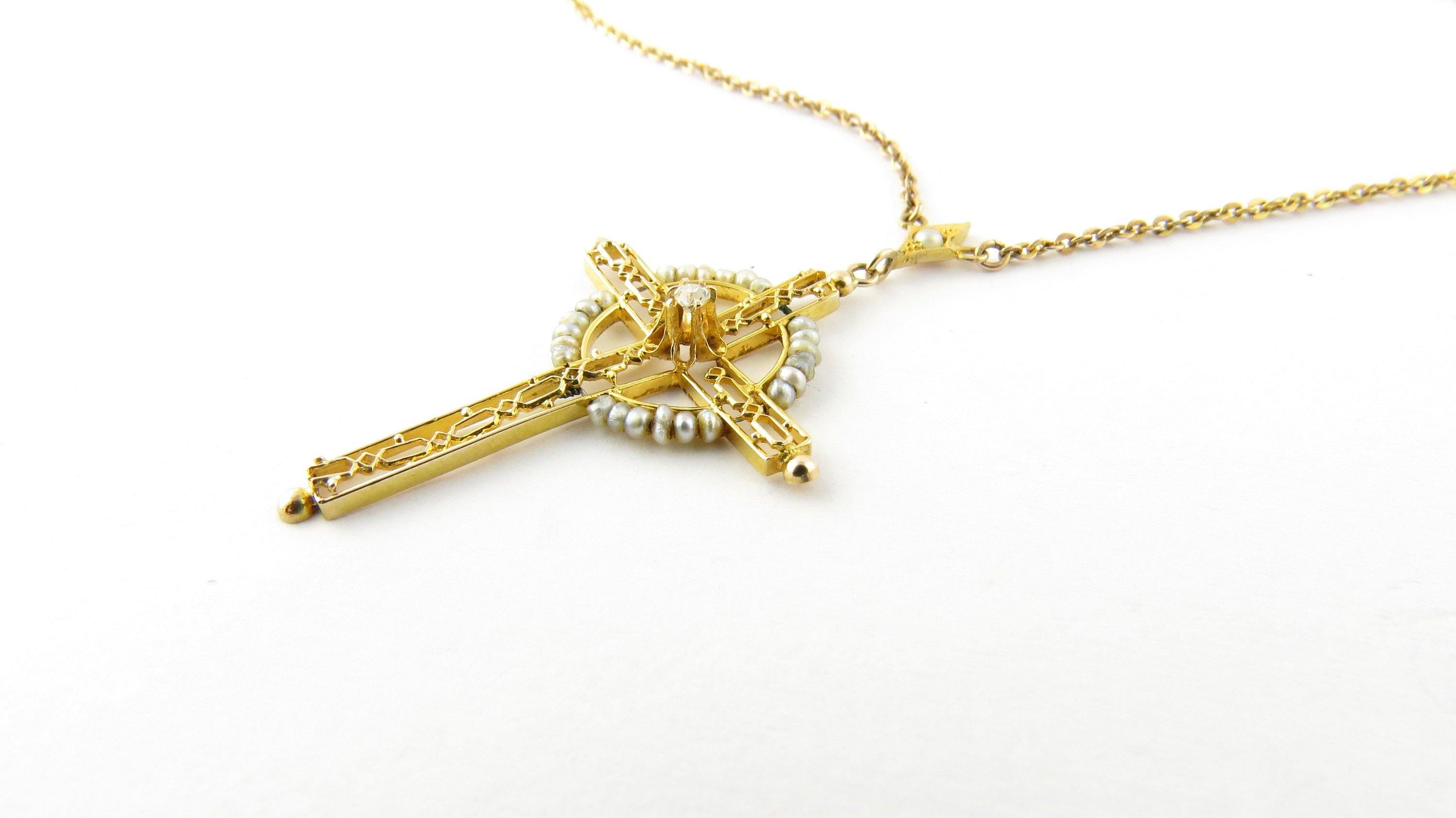 10 Karat Yellow Gold, Seed Pearl and Diamond Cross Pendant Necklace 2