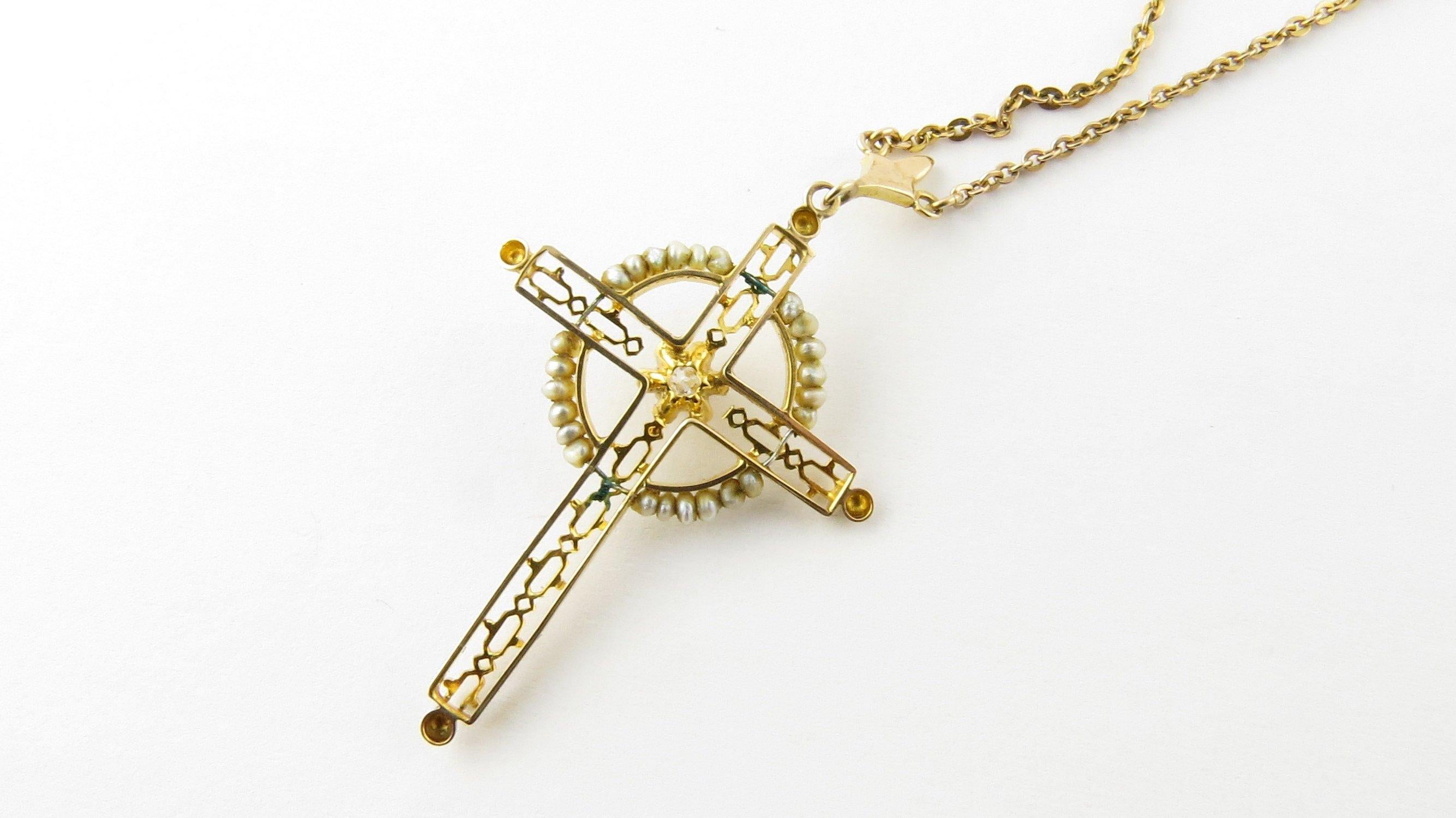 10 Karat Yellow Gold, Seed Pearl and Diamond Cross Pendant Necklace 3