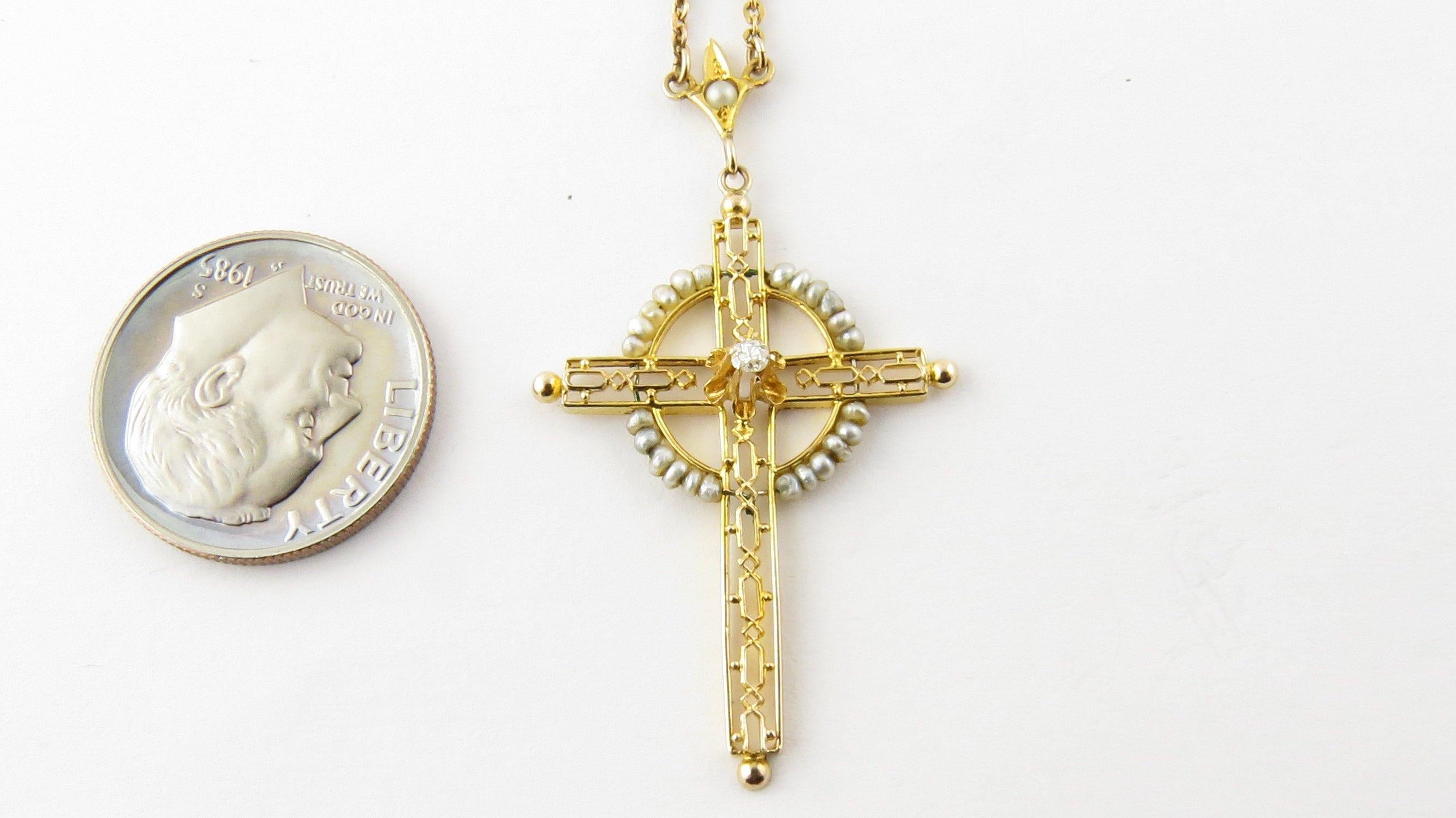 10 Karat Yellow Gold, Seed Pearl and Diamond Cross Pendant Necklace 4