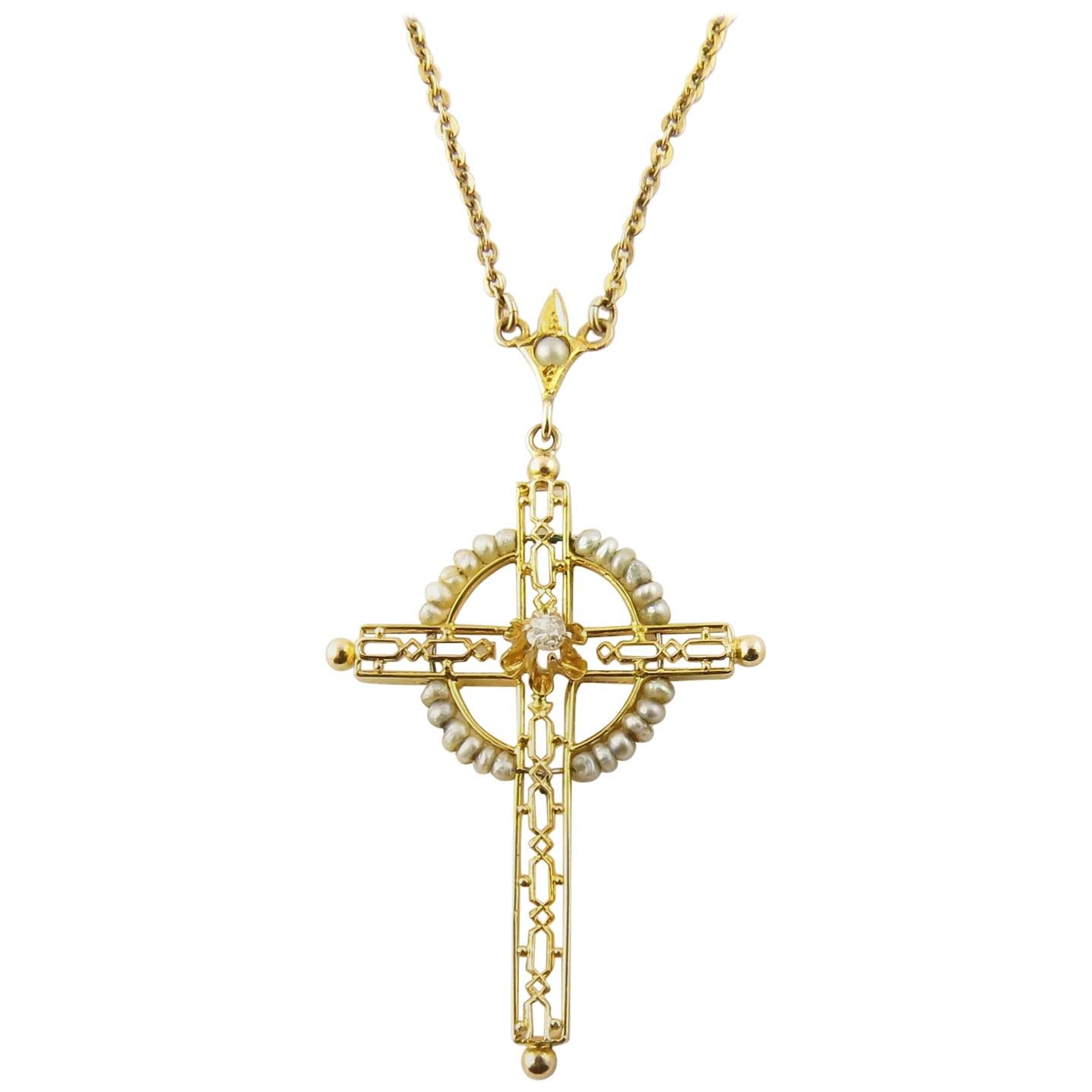 10 Karat Yellow Gold, Seed Pearl and Diamond Cross Pendant Necklace