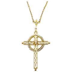 10 Karat Yellow Gold, Seed Pearl and Diamond Cross Pendant Necklace