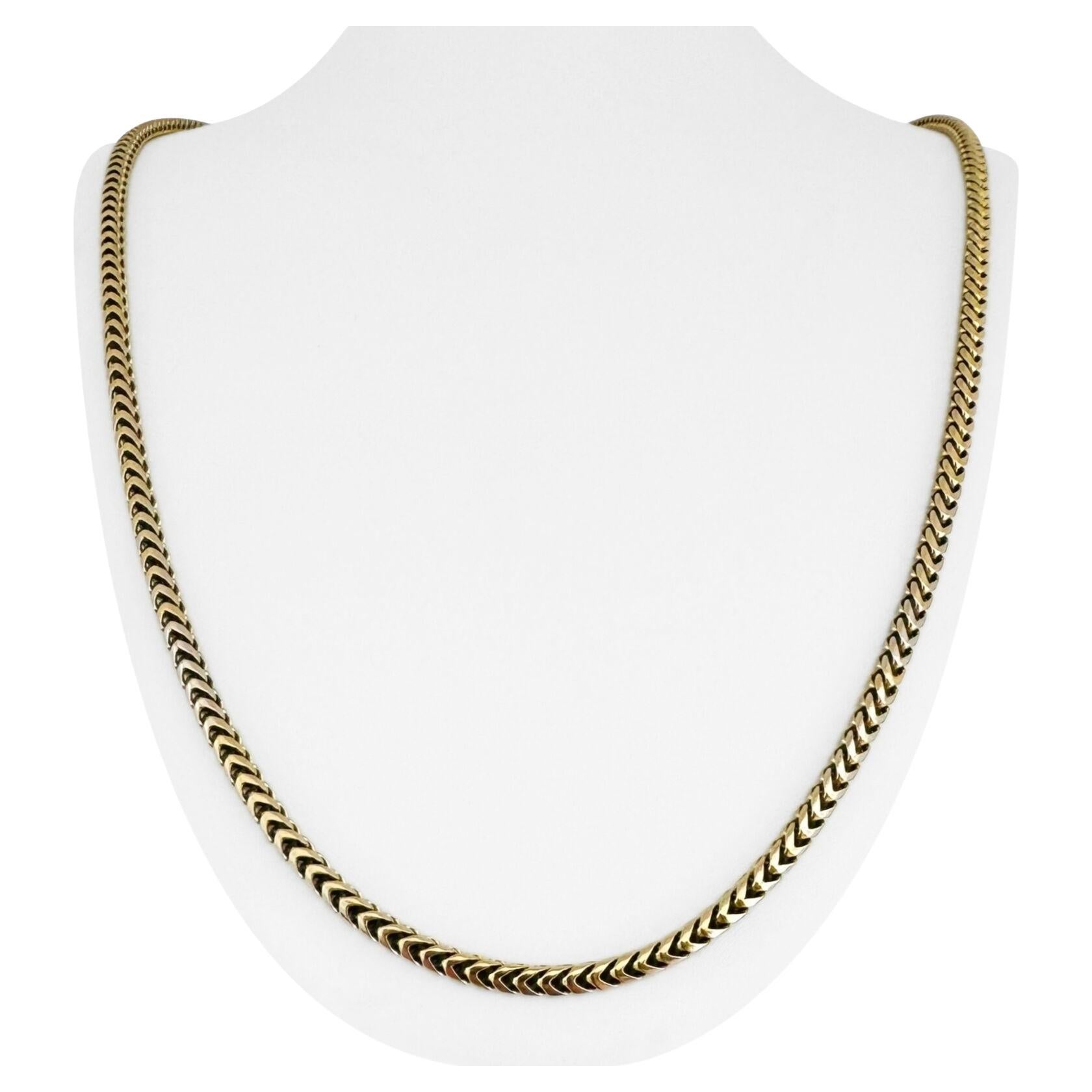 10 Karat Yellow Gold Solid Long Squared Franco Link Chain Necklace  For Sale