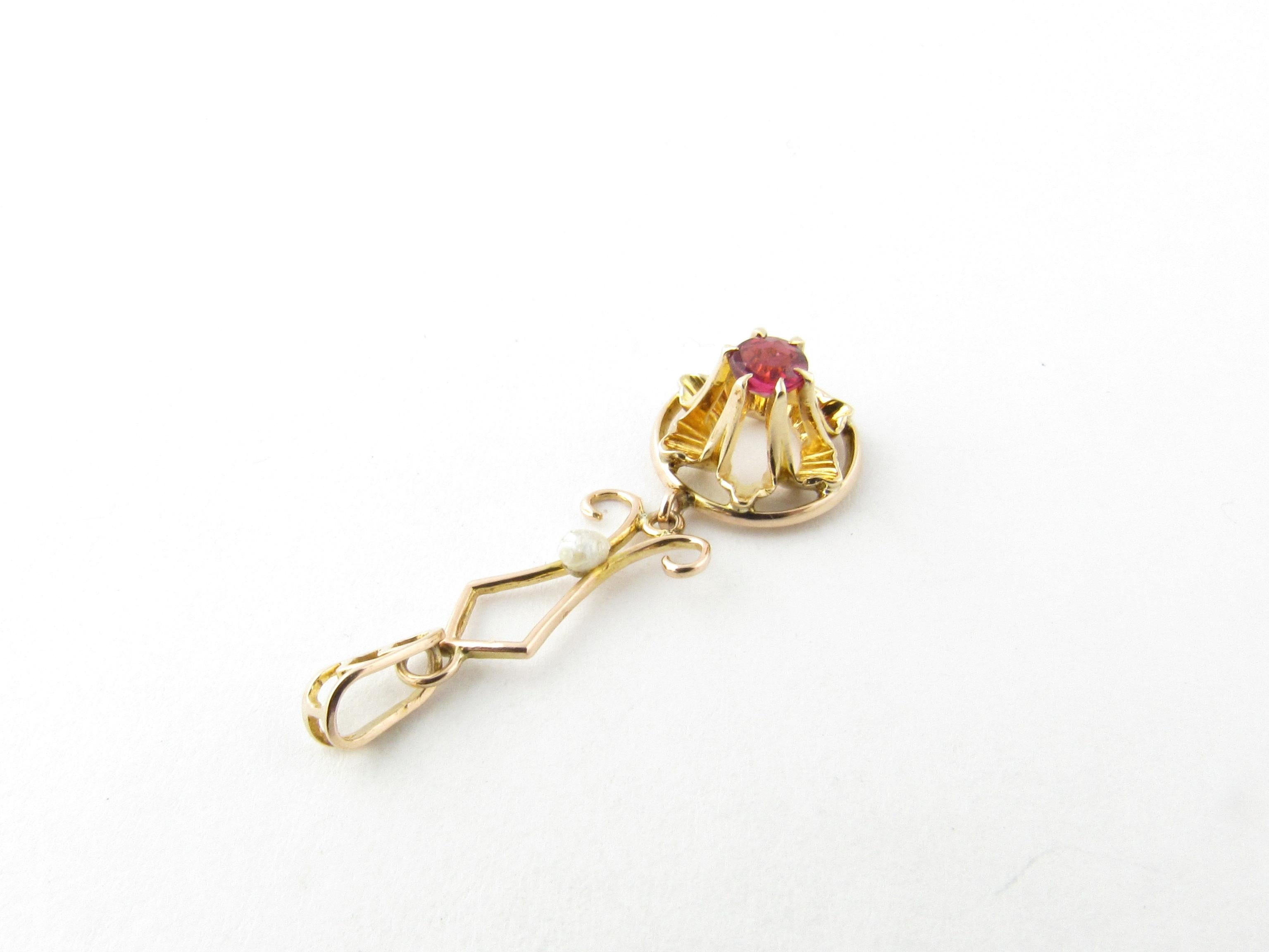Round Cut 10 Karat Yellow Gold Synthetic Ruby and Pearl Pendant #3044 For Sale