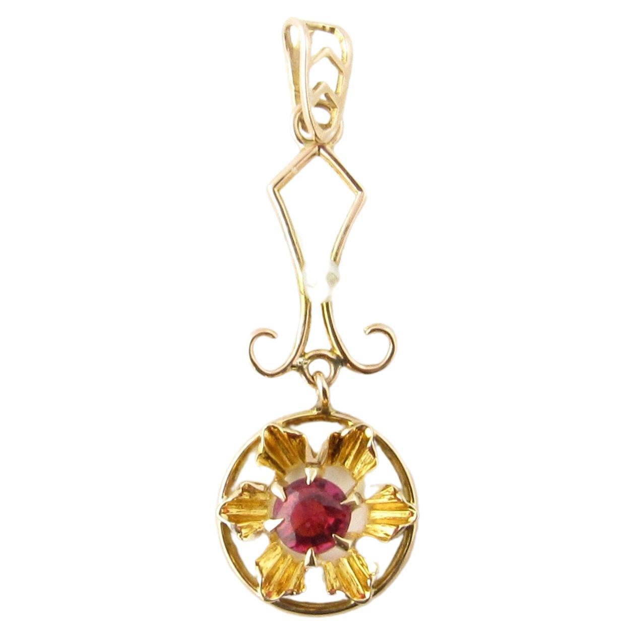 10 Karat Yellow Gold Synthetic Ruby and Pearl Pendant #3044 For Sale