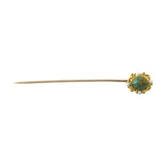 10 Karat Yellow Gold Turquoise and Seed Pearl Stick Pin