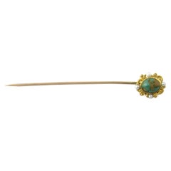 10 Karat Yellow Gold Turquoise and Seed Pearl Stick Pin