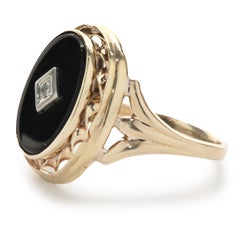 10 Karat Yellow Gold Vintage Black Onyx and Diamond Signet Ring