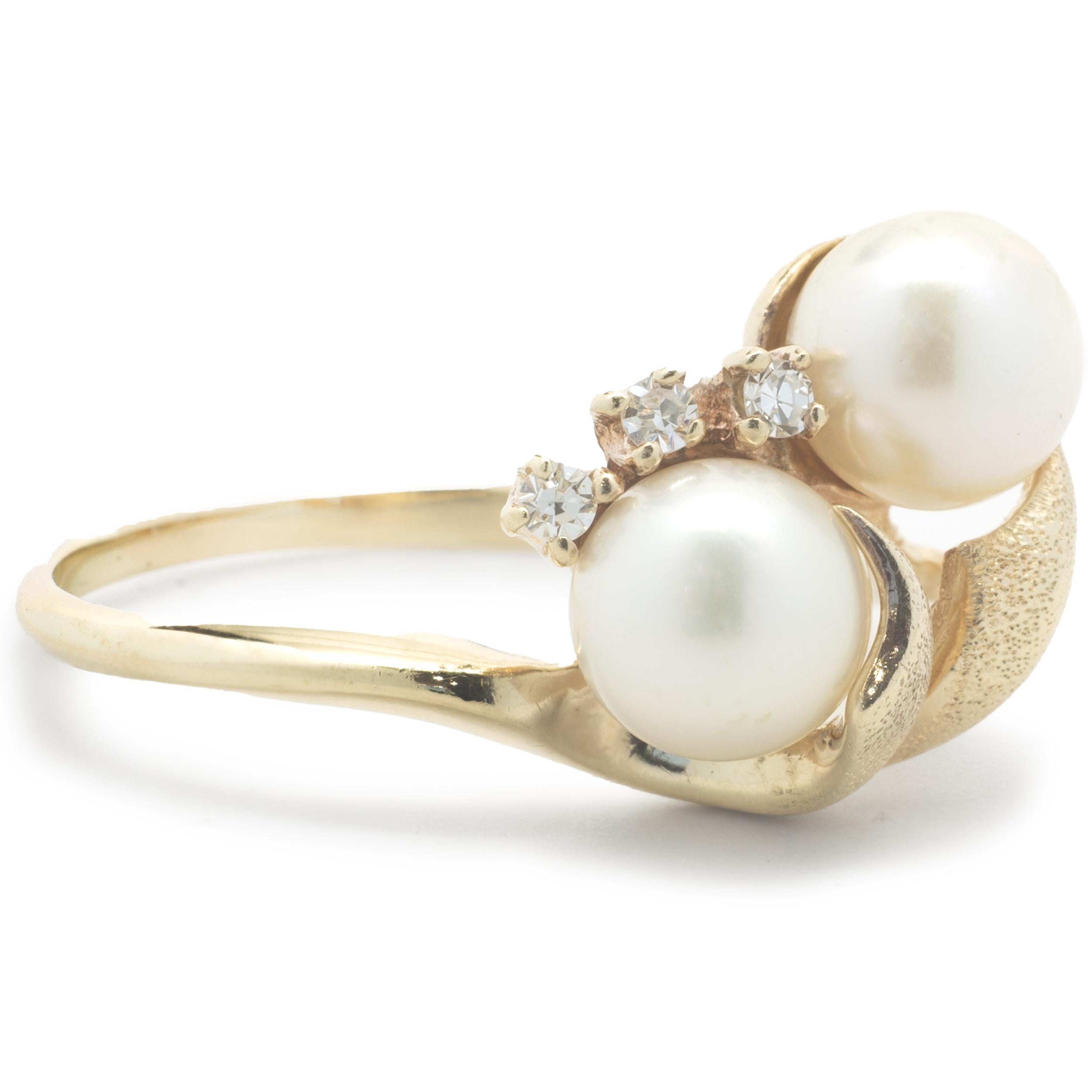 Material: 10K yellow gold
Pearl: 6.50mm akoya 
Diamond: 3 round brilliant cut = .05cttw
Color: H
Clarity: SI1
Ring Size: 8.5 (please allow two additional shipping days for sizing requests)
Dimensions: ring measures 13.30mm wide
Weight:  3.59 grams
