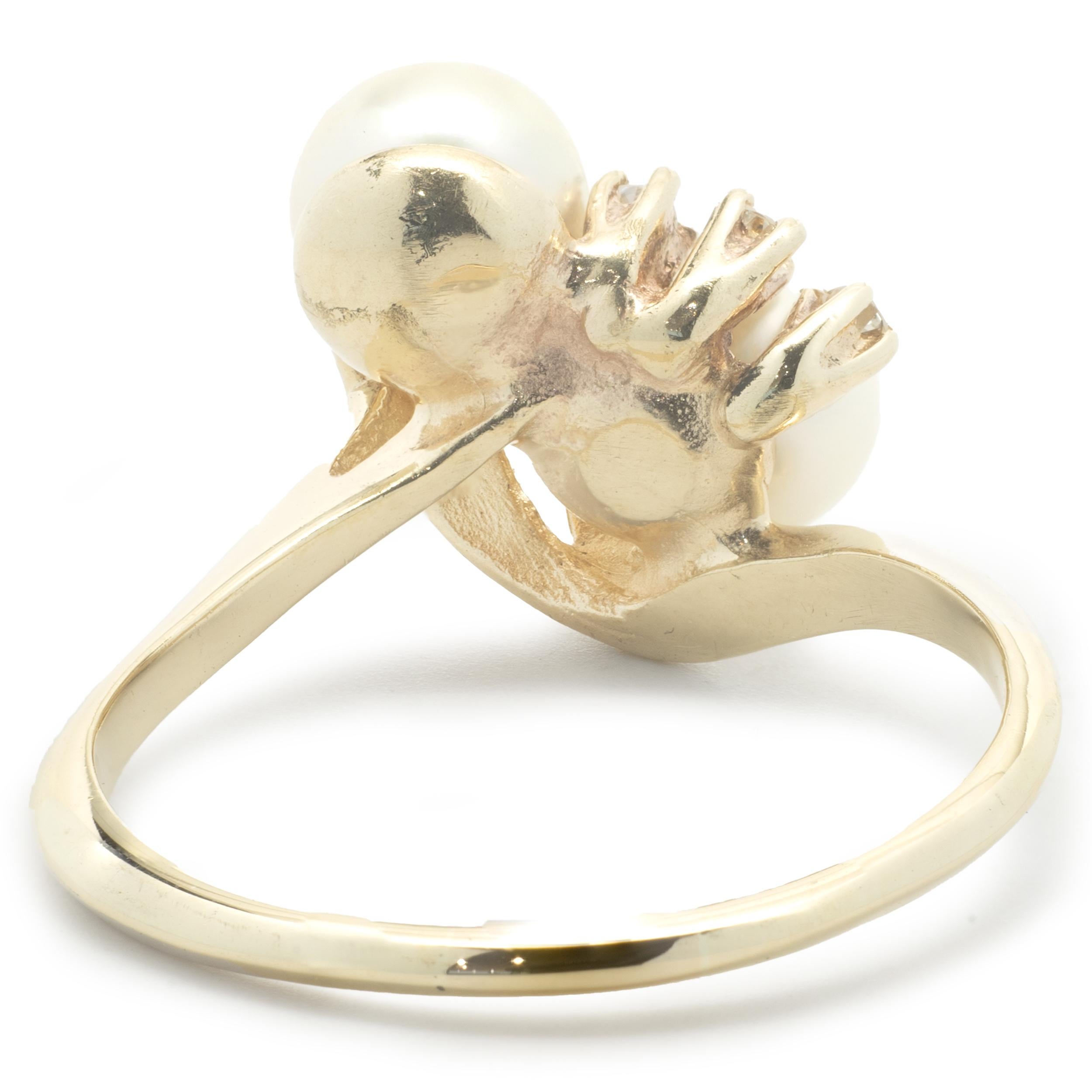 Round Cut 10 Karat Yellow Gold Vintage Double Akoya Pearl and Diamond Bypass Ring For Sale