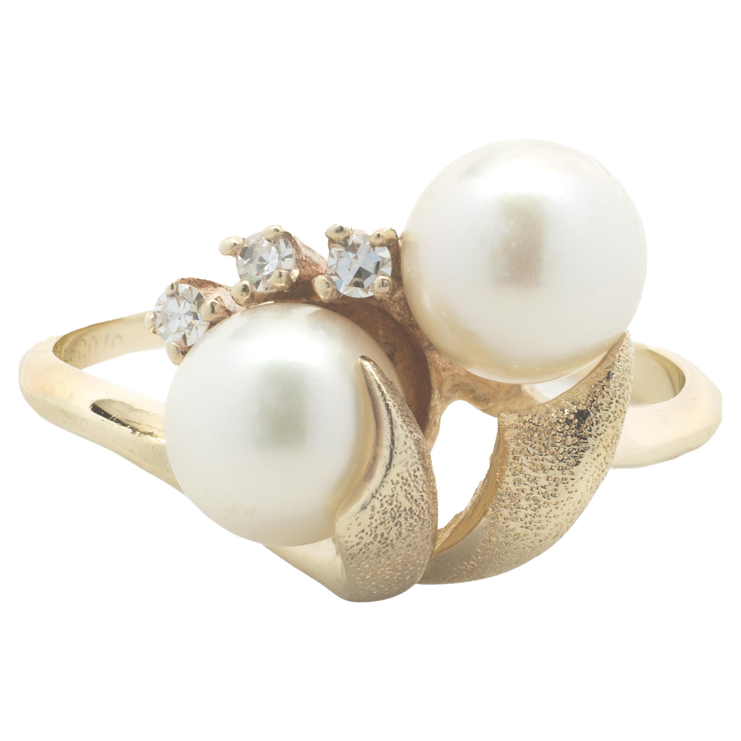 10 Karat Yellow Gold Vintage Double Akoya Pearl and Diamond Bypass Ring For Sale