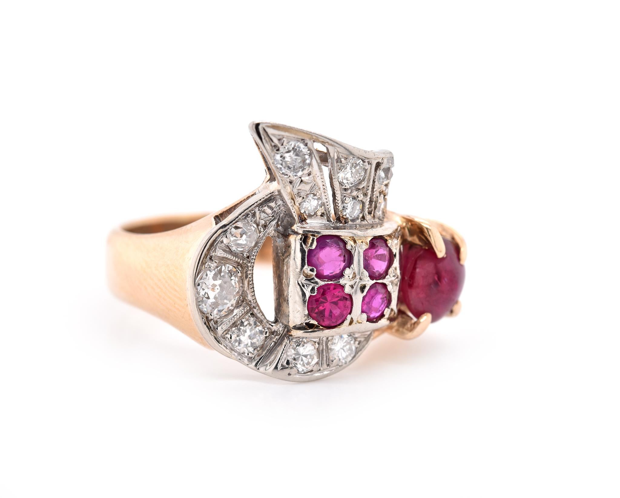 Designer: custom design
Material: 10 karat yellow gold
Diamonds: 11 round brilliant cut = .50cttw
Color: G
Clarity:  SI1-2
Gemstones: Ruby = 1.00cttw
Ring Size: 7.25 (please allow two additional shipping days for sizing requests)
Dimensions: ring