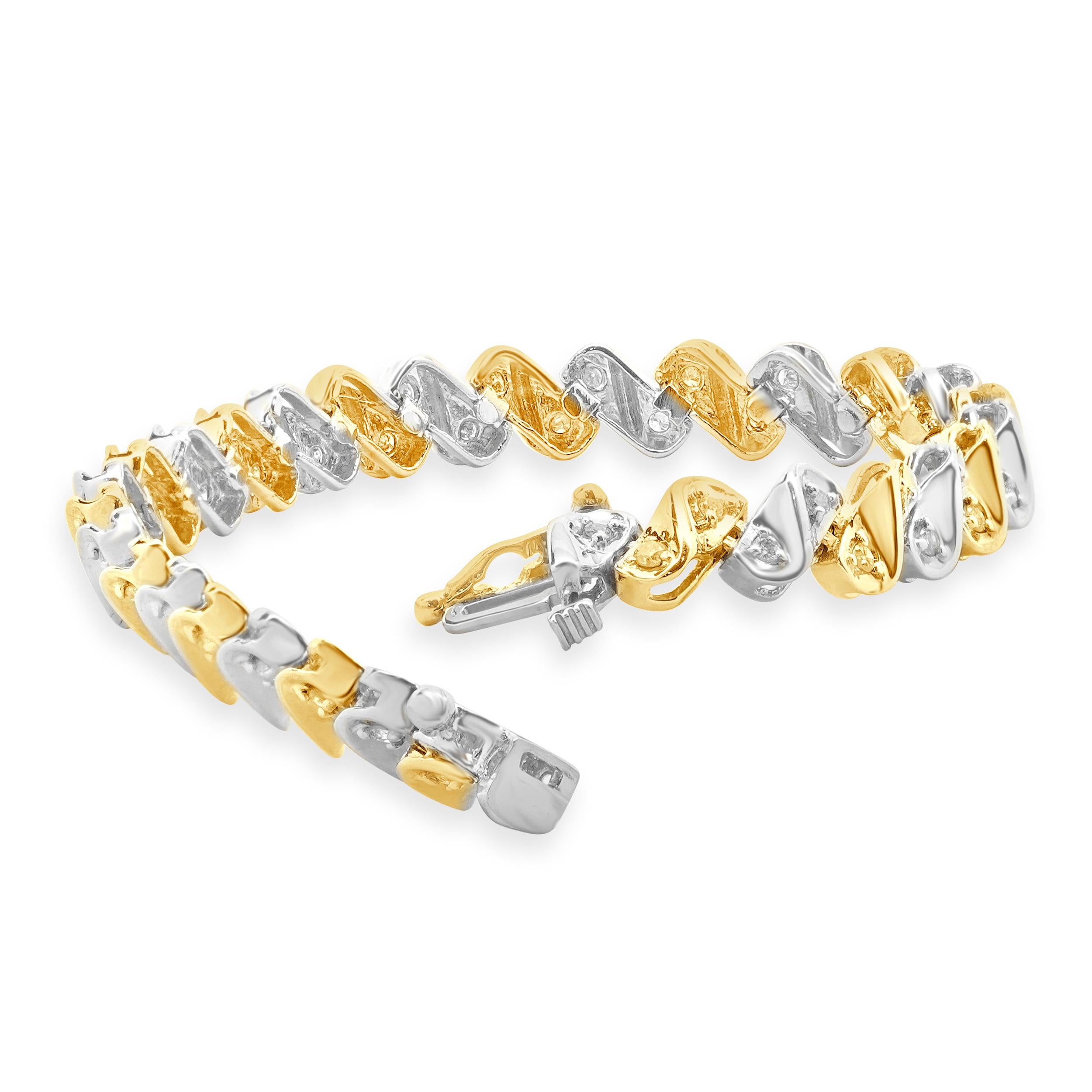 Round Cut 10 Karat Yellow & White Gold S Link Diamond Inline Tennis Bracelet For Sale