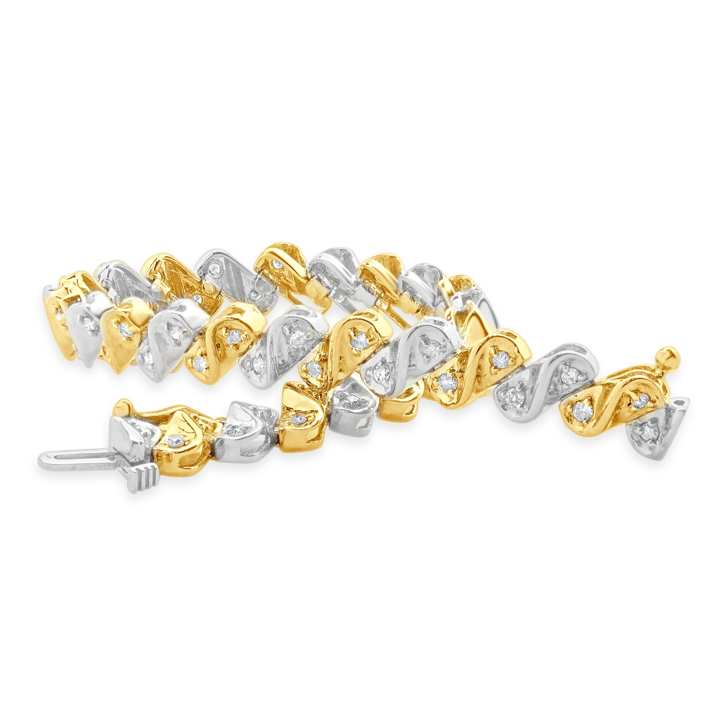 10 Karat Yellow & White Gold S Link Diamond Inline Tennis Bracelet In Excellent Condition For Sale In Scottsdale, AZ