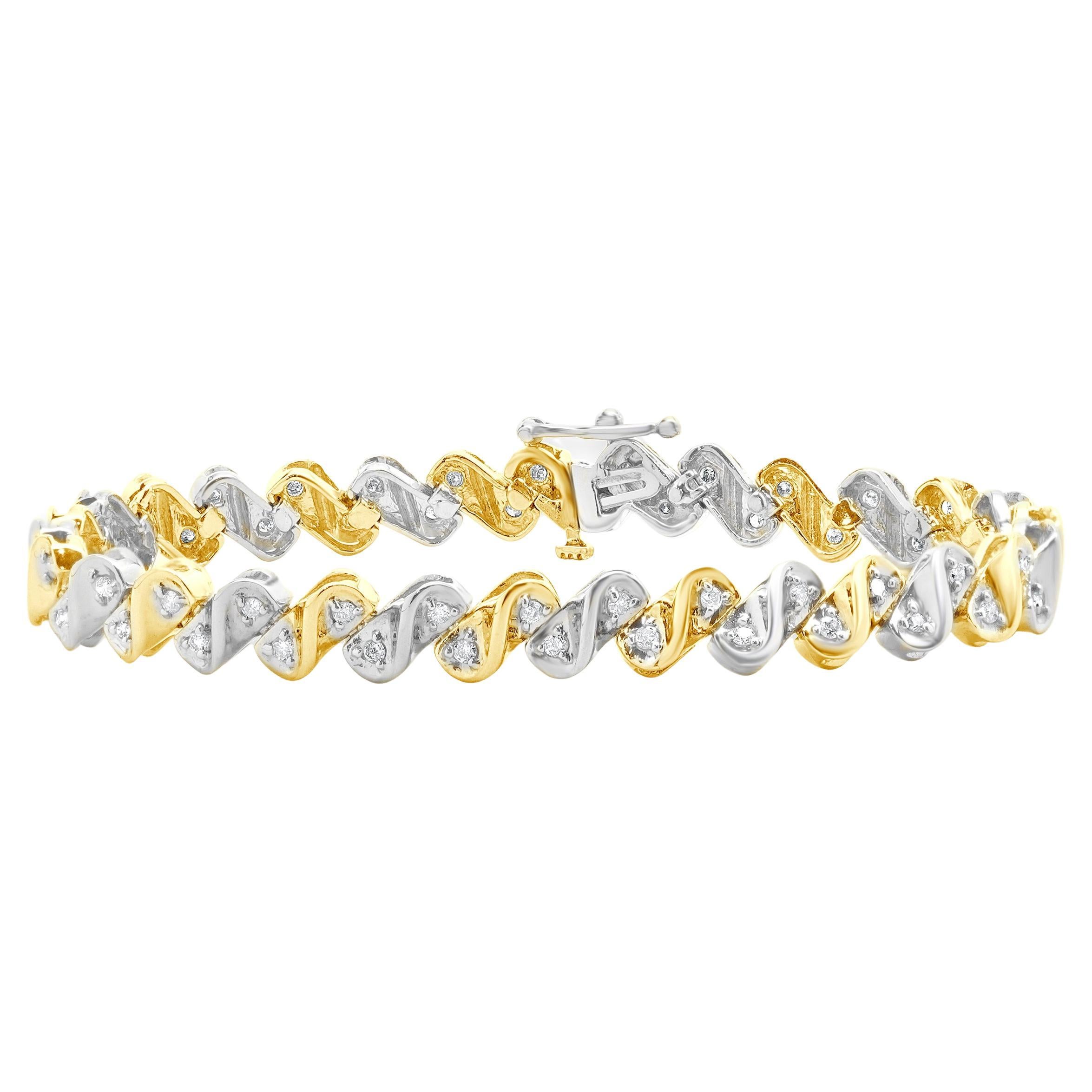 10 Karat Yellow & White Gold S Link Diamond Inline Tennis Bracelet For Sale