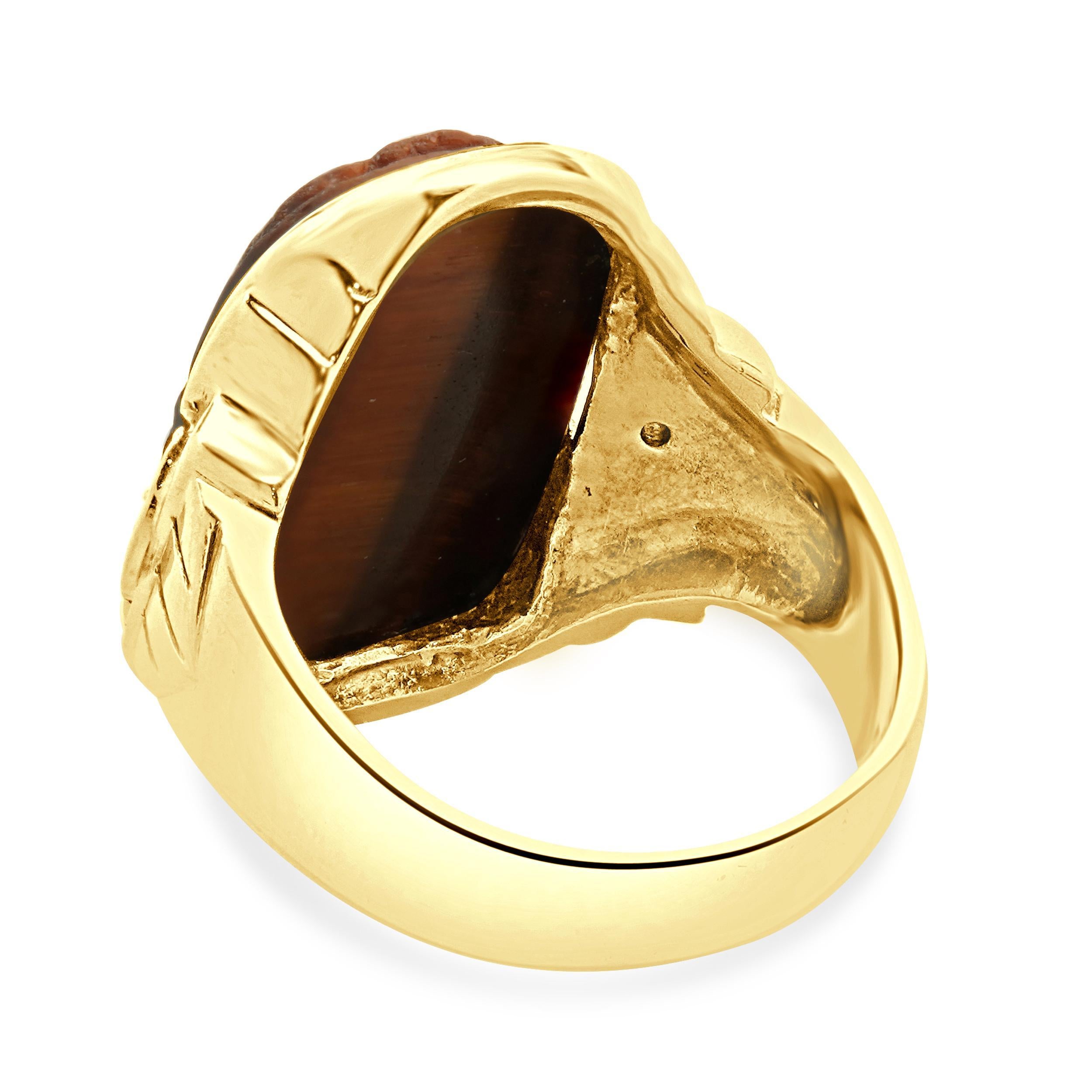 Round Cut 10 Karat Yellow & White Gold Vintage Carved Tiger’s Eye and Diamond Ring For Sale