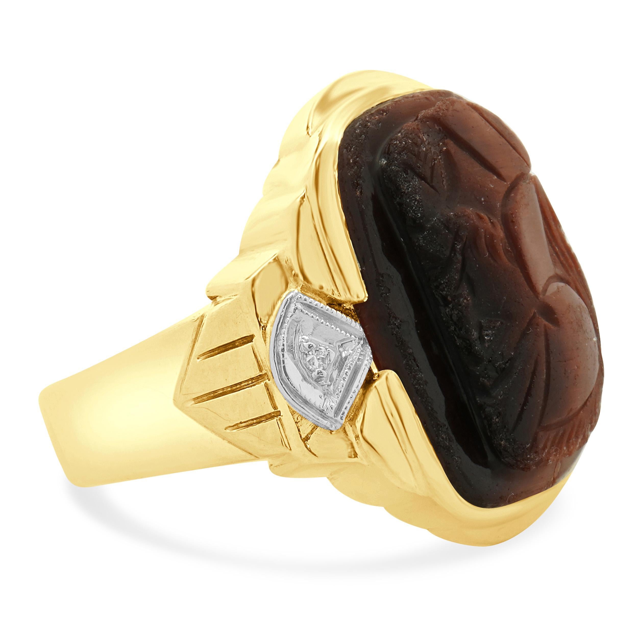 10 Karat Yellow & White Gold Vintage Carved Tiger’s Eye and Diamond Ring In Good Condition For Sale In Scottsdale, AZ