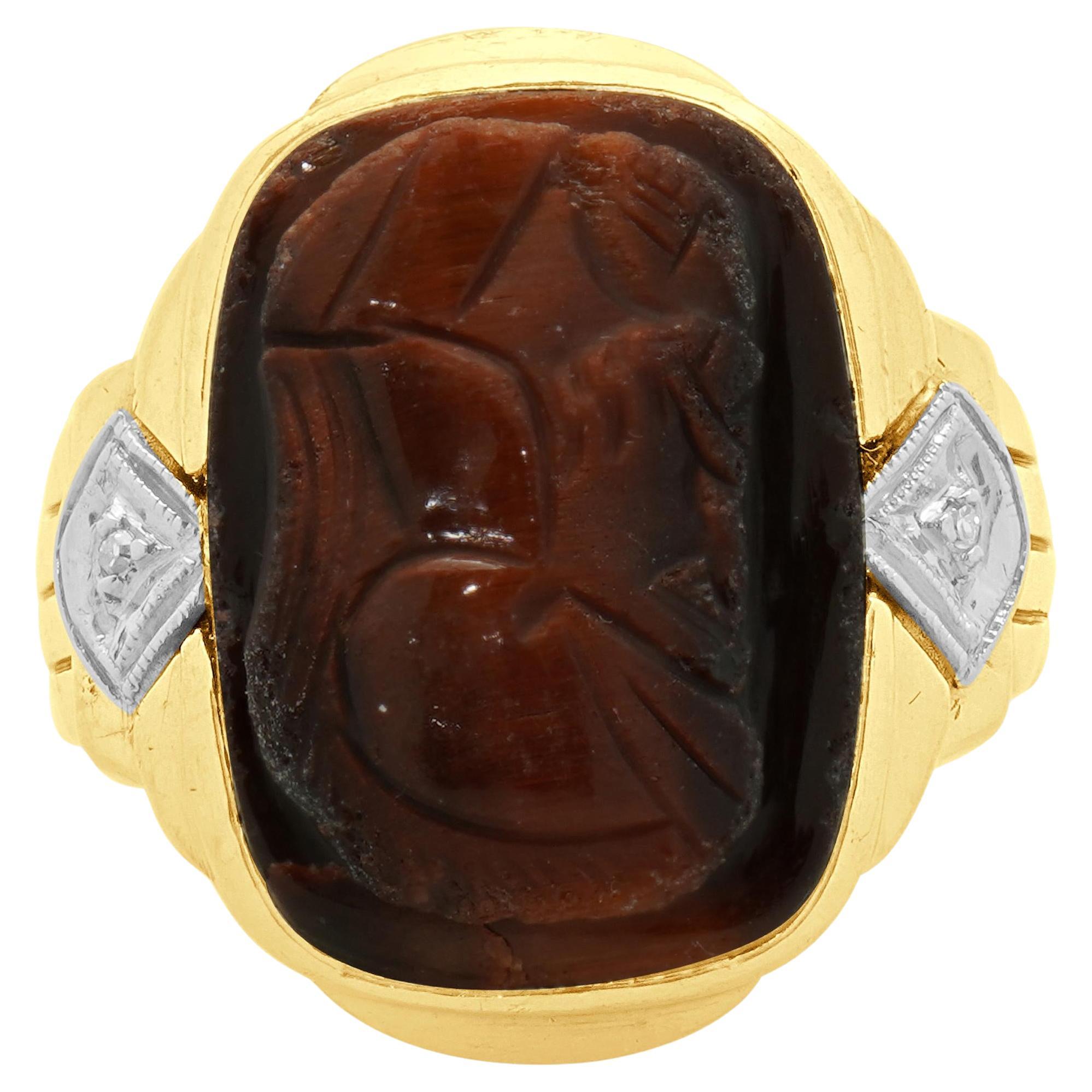 10 Karat Yellow & White Gold Vintage Carved Tiger’s Eye and Diamond Ring For Sale