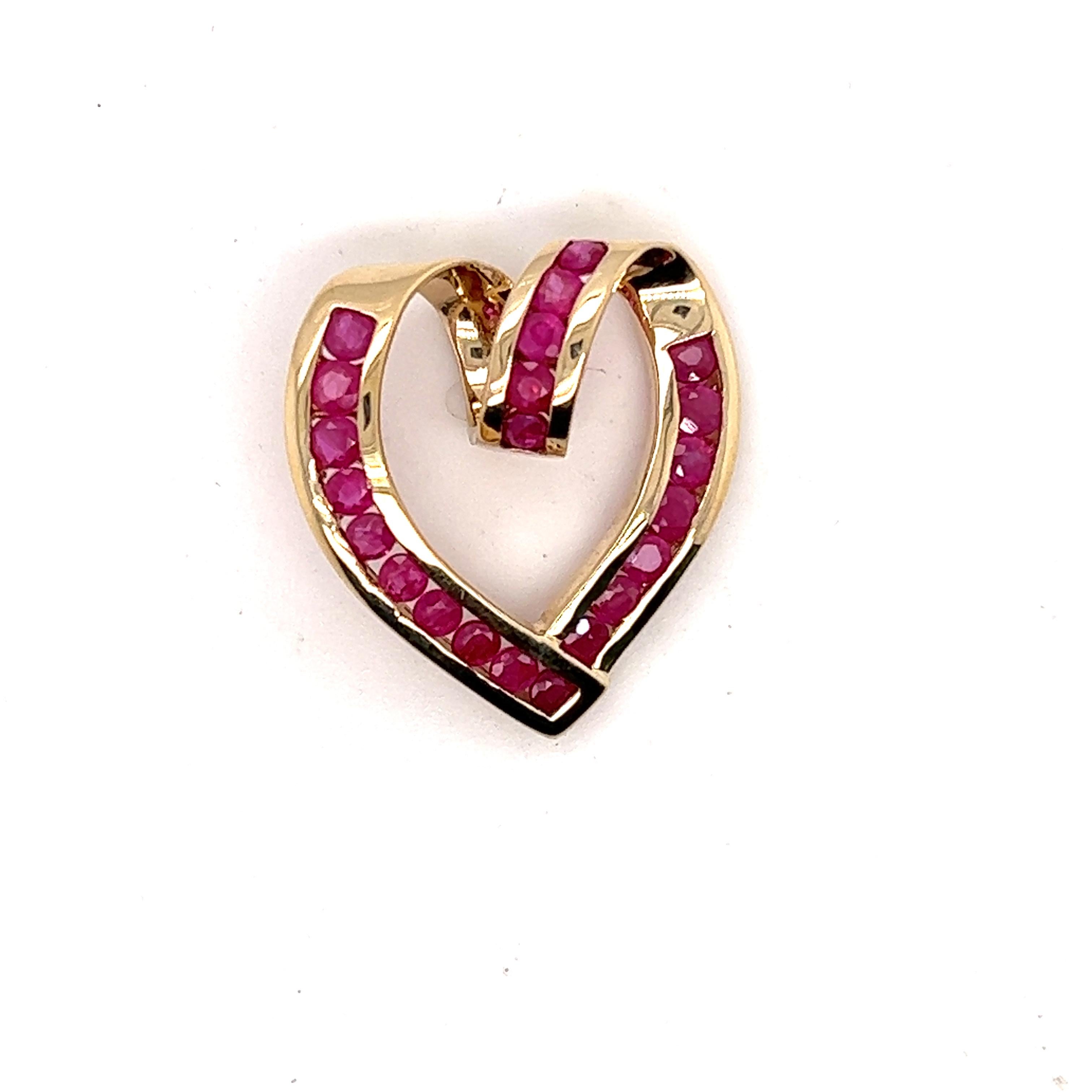 Women's or Men's 10 Kt Yellow Gold Channel Set Ruby Heart Slide Pendant