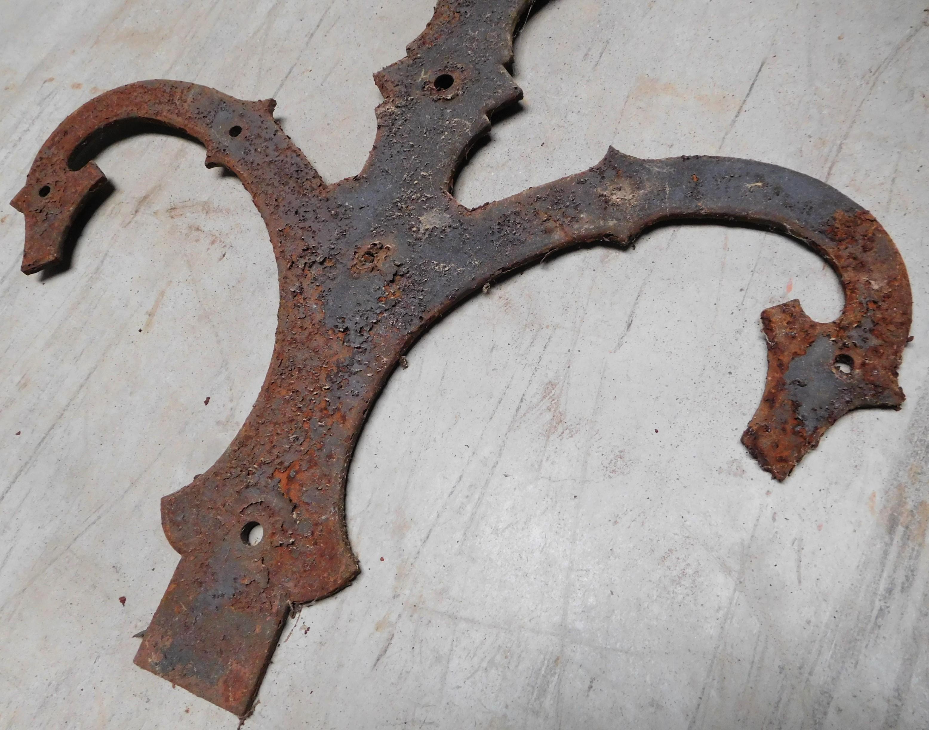 Ten large, forged hinges. Strong and decorative. They were supporting two heavy doors. Complete with all the forged bolts.
Can be delivered in cleaned condition, if you prefer. Iron in perfect condition. Price is per one item. Only sold as a complet