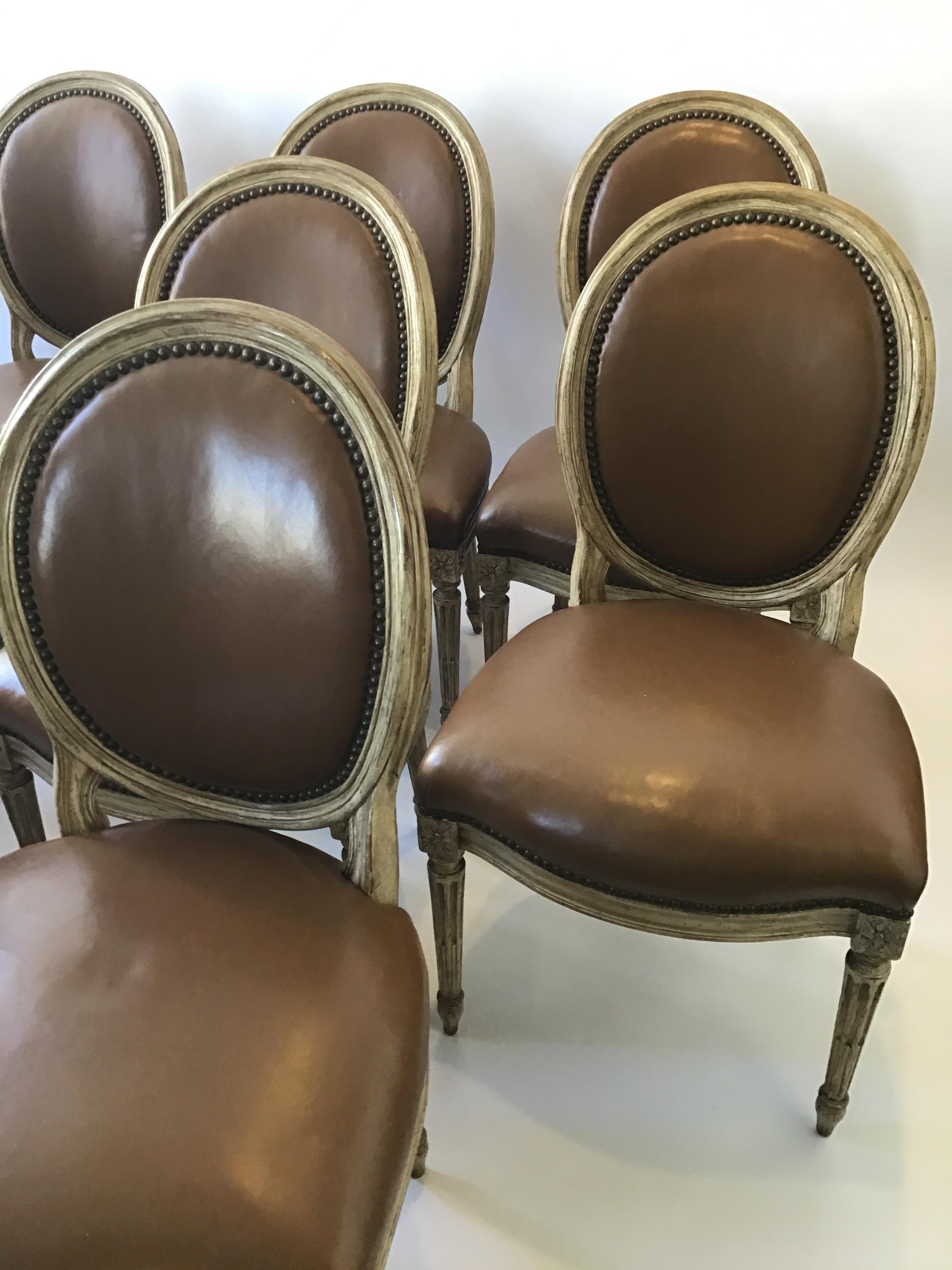 10 Leather Louis XVI 1950s Dining Chairs In Good Condition In Tarrytown, NY