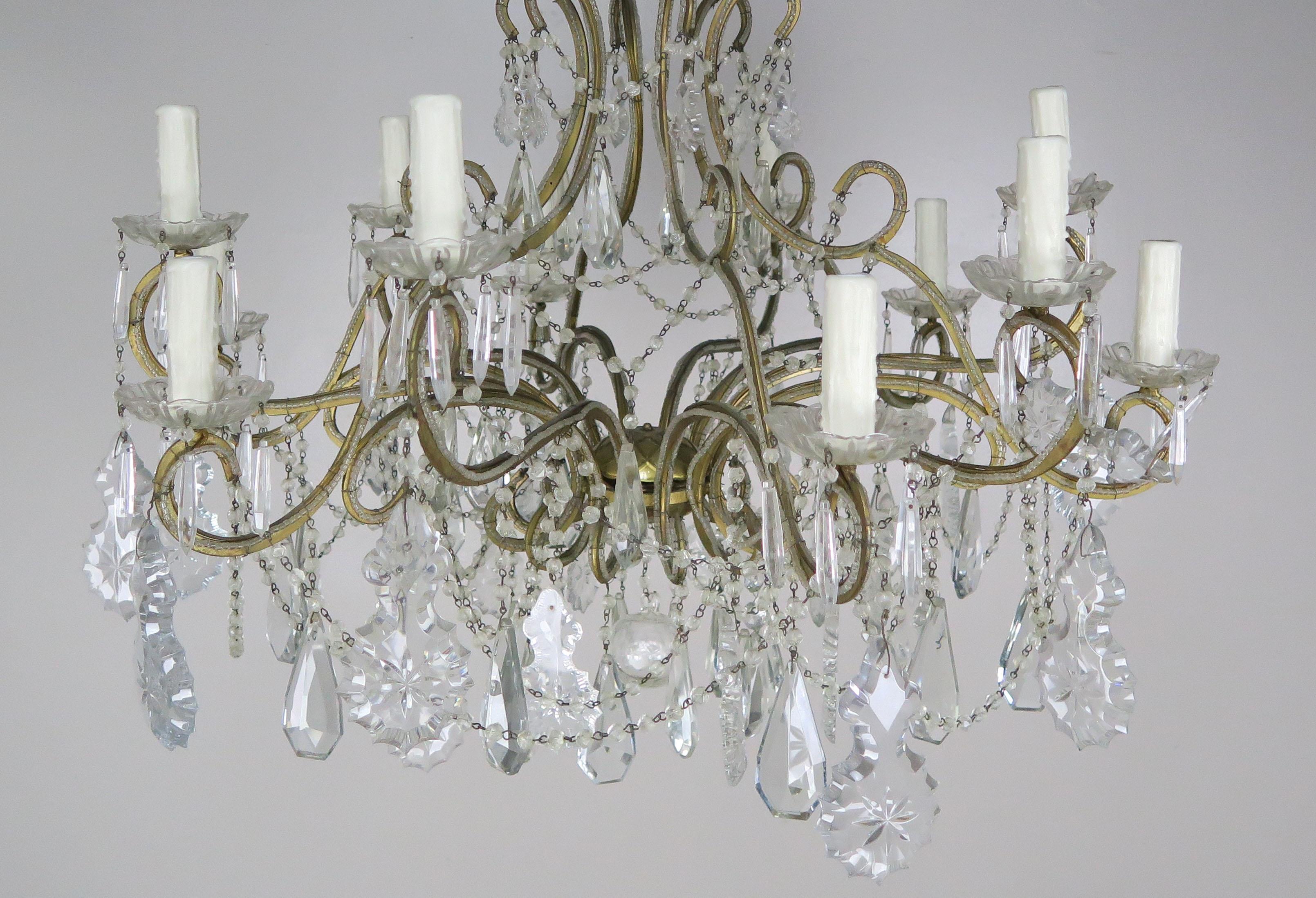 Metal 10-Light French Louis XV Style Crystal Beaded Chandelier, circa 1930s