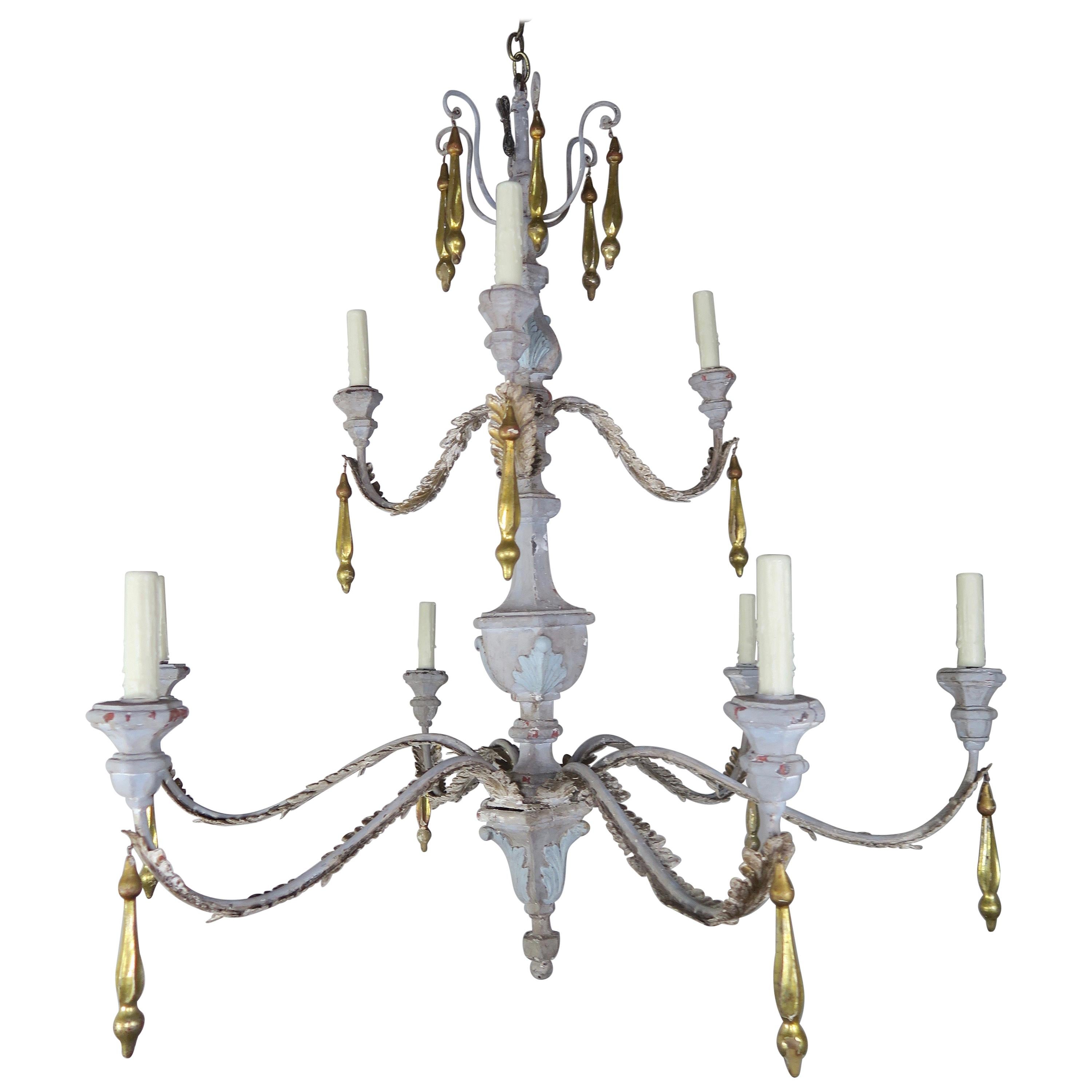'10' Light Italian Painted and Parcel Gilt Two-Tier Chandelier with Tassels