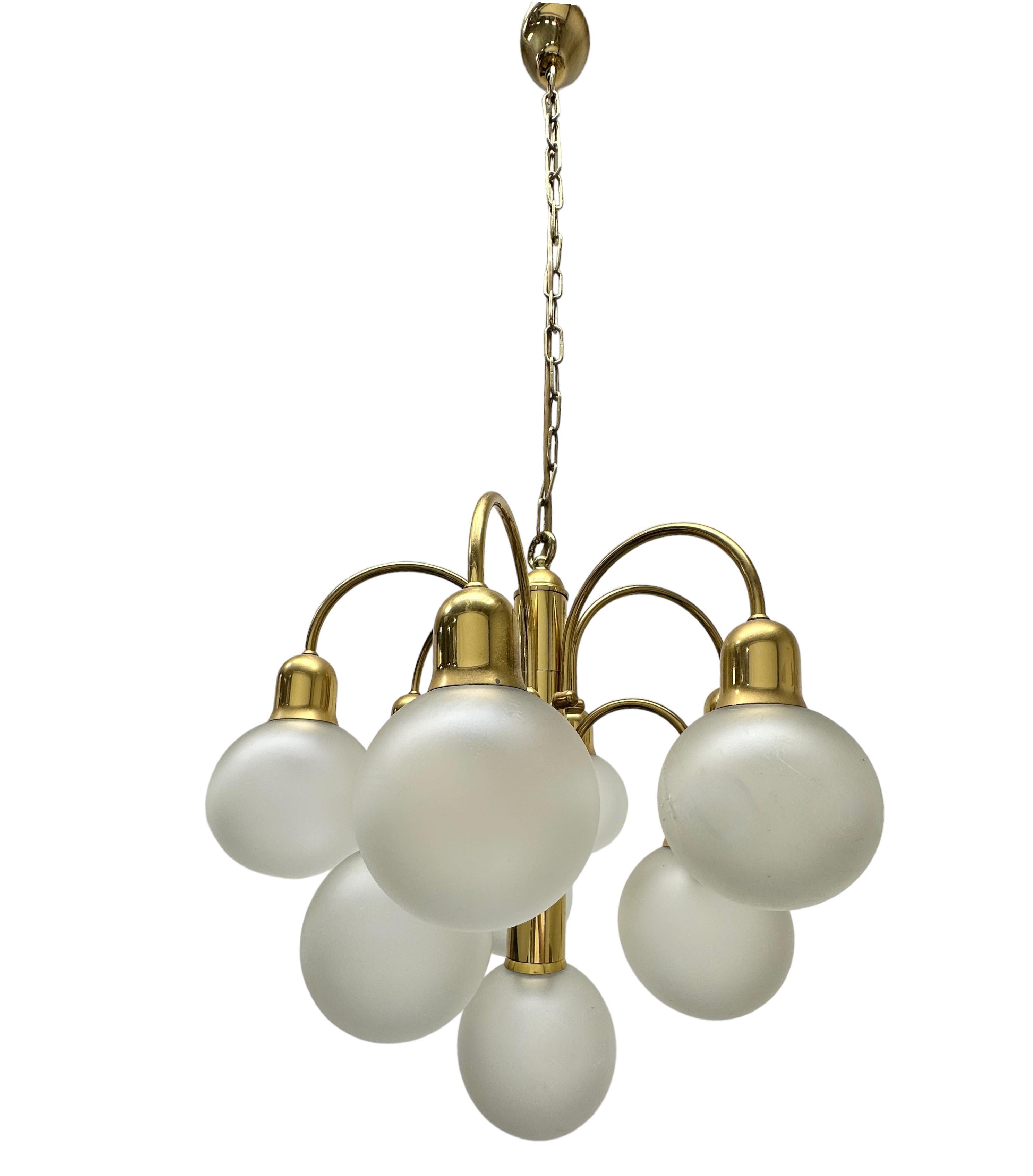 Late 20th Century 10 Light Sputnik Orbit Brass and Frosted Glass Ball Chandelier Germany, 1970s For Sale