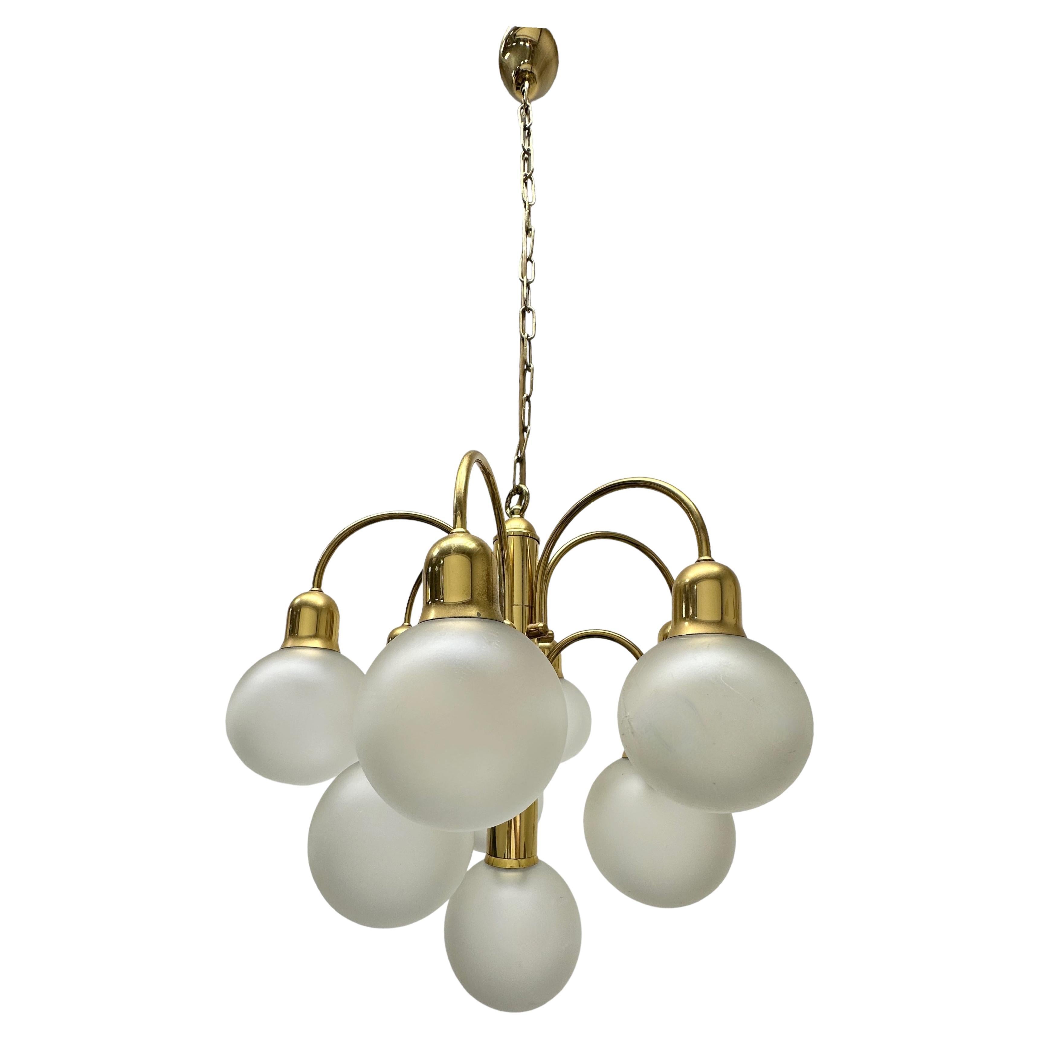 10 Light Sputnik Orbit Brass and Frosted Glass Ball Chandelier Germany, 1970s