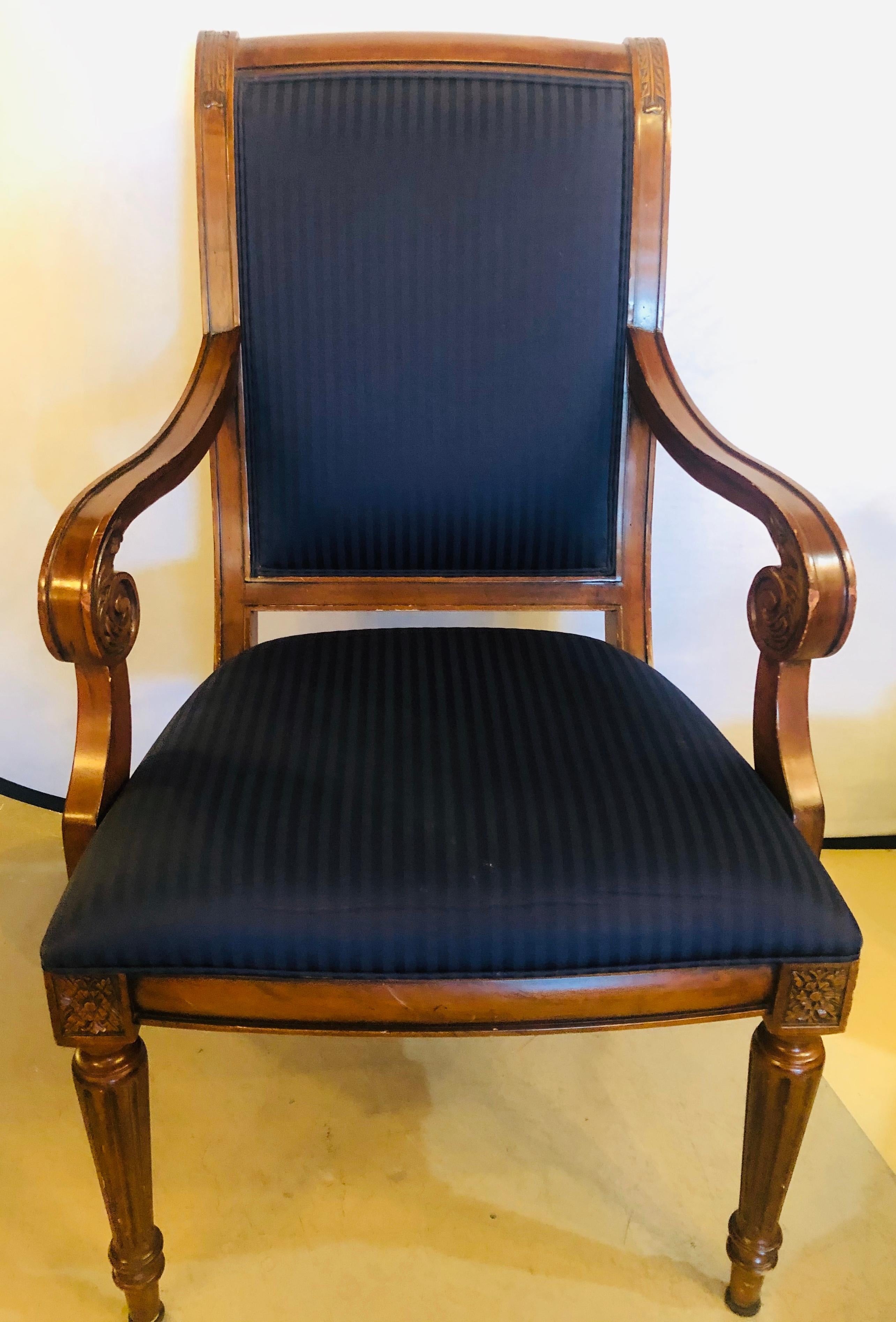 10 Louis XVI Style Custom Quality Upholstered Dining Chairs 8 Side/2 Arm In Good Condition In Stamford, CT