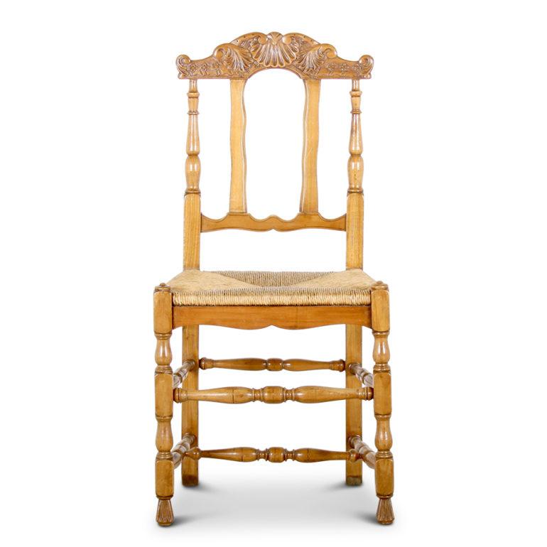 Handcrafted in France from cherry, we present this fine quality rush-seat set of 12 matching chairs. Some wear in the rush seats, circa 1940.

Measures: 17.5 wide x 14 deep x 36 tall x 18 floor-to-seat.

