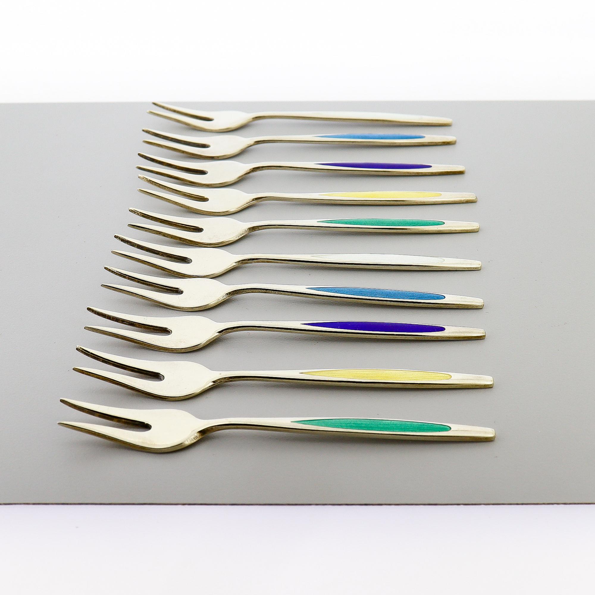 10 Forchette da cocktail in argento dorato e smalto Meka Mid-Century Danish Modern in vendita 5