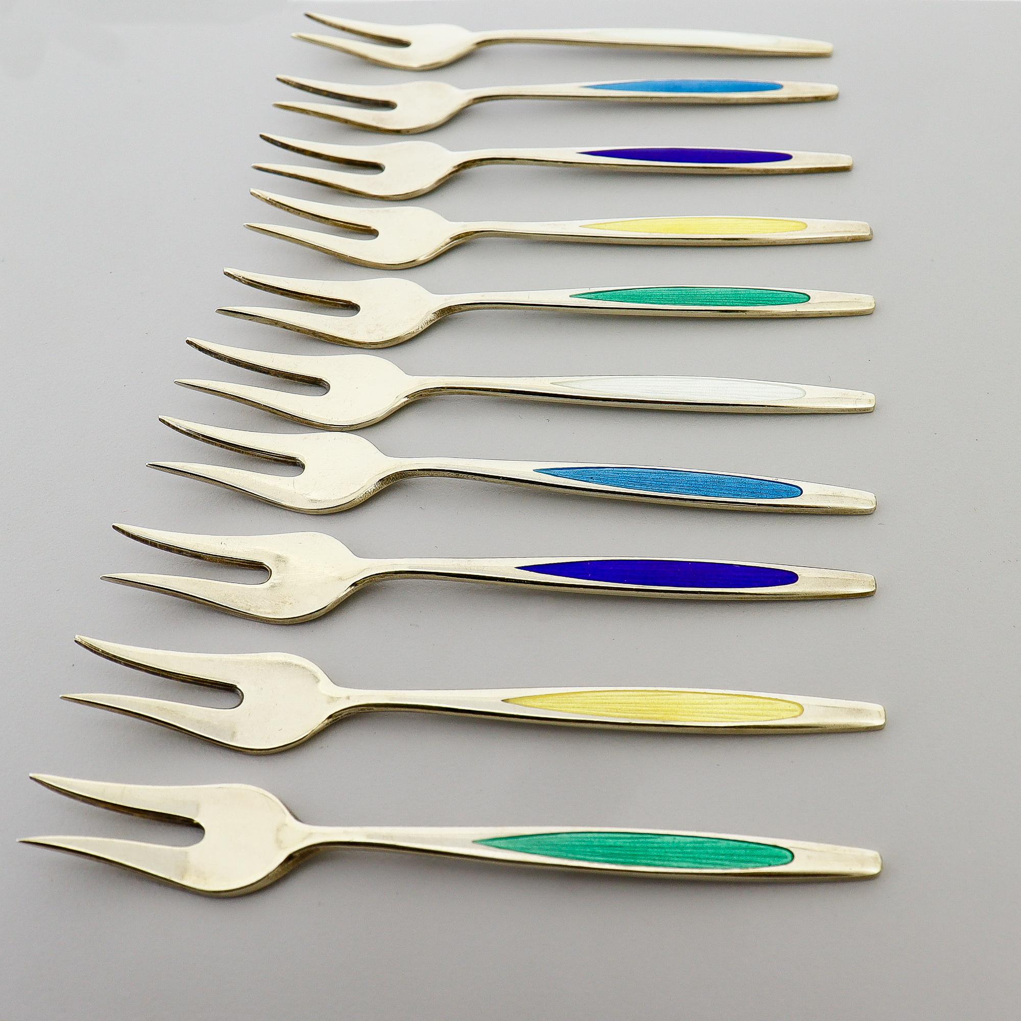 10 Forchette da cocktail in argento dorato e smalto Meka Mid-Century Danish Modern in vendita 6