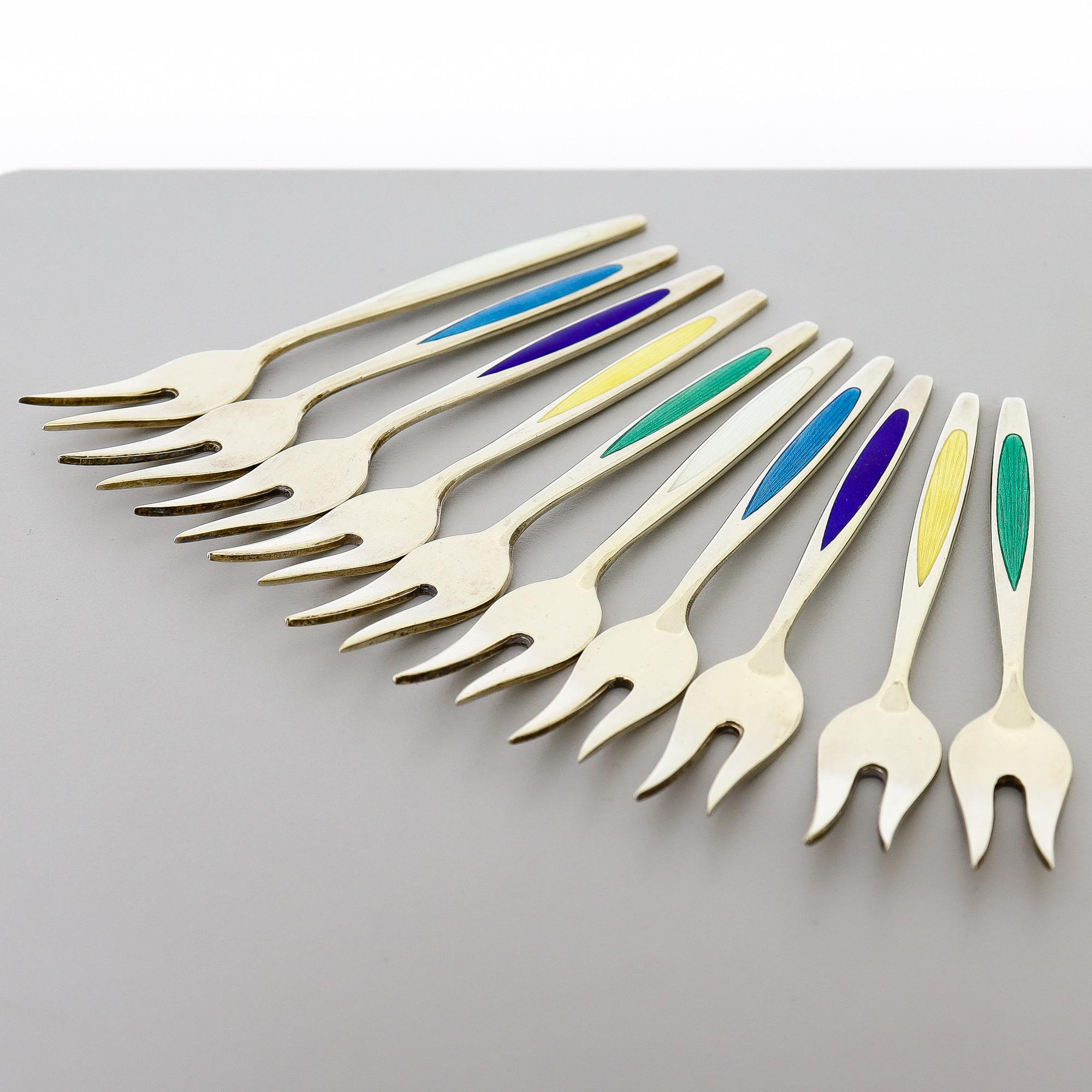 Moderno 10 Forchette da cocktail in argento dorato e smalto Meka Mid-Century Danish Modern in vendita