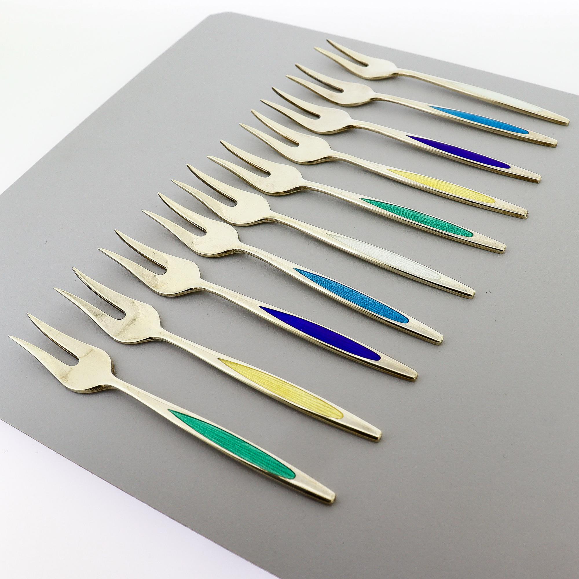 10 Forchette da cocktail in argento dorato e smalto Meka Mid-Century Danish Modern In condizioni buone in vendita a Philadelphia, PA