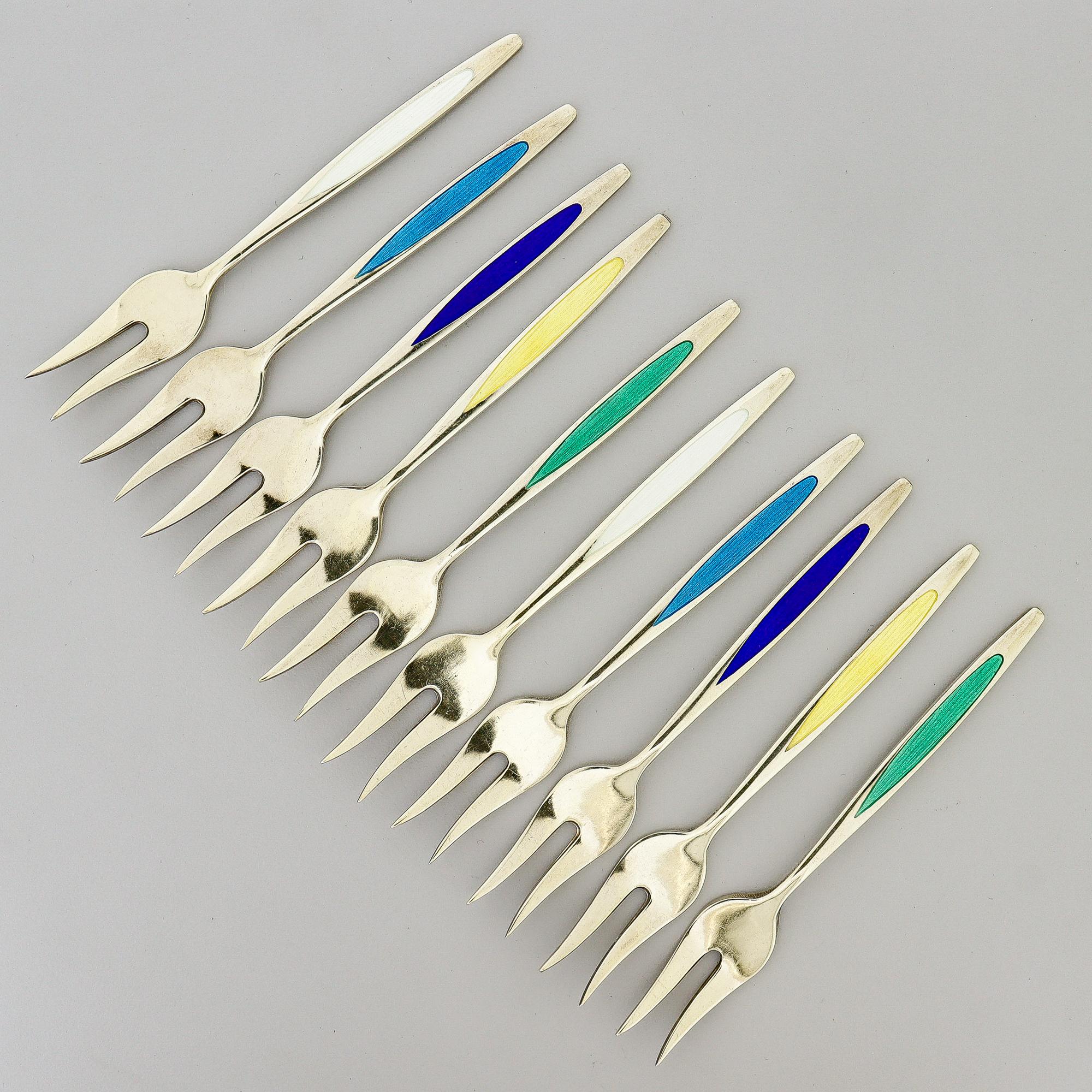 da uomo o donna 10 Forchette da cocktail in argento dorato e smalto Meka Mid-Century Danish Modern in vendita