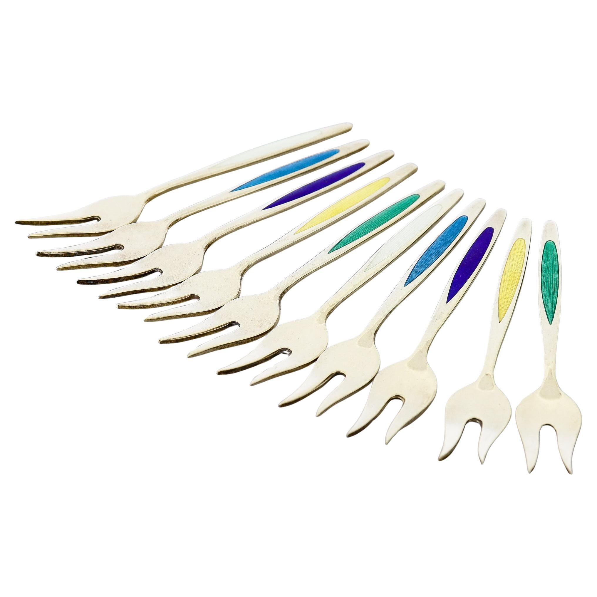 10 Forchette da cocktail in argento dorato e smalto Meka Mid-Century Danish Modern