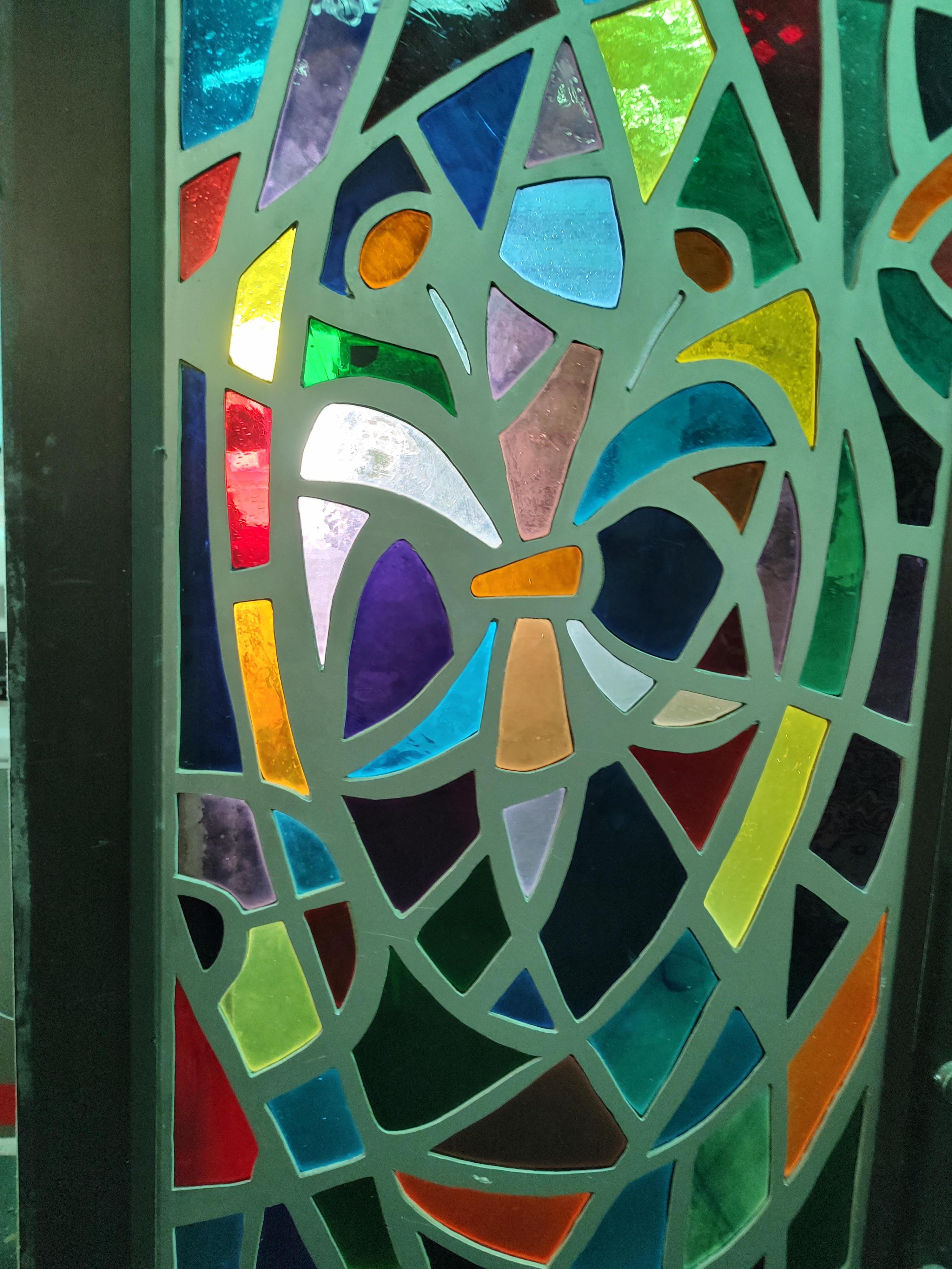 10 Mid Century Modern Architectural Abstract Stained Glass Paneled Doors C1965 For Sale 3