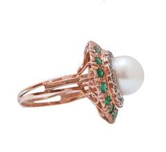 10 Mm Pearl, Emeralds, Diamonds, Rose Gold and Silver Ring.