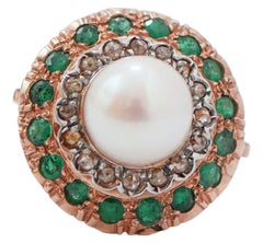 10 Mm Pearl, Emeralds, Diamonds, Rose Gold and Silver Ring.