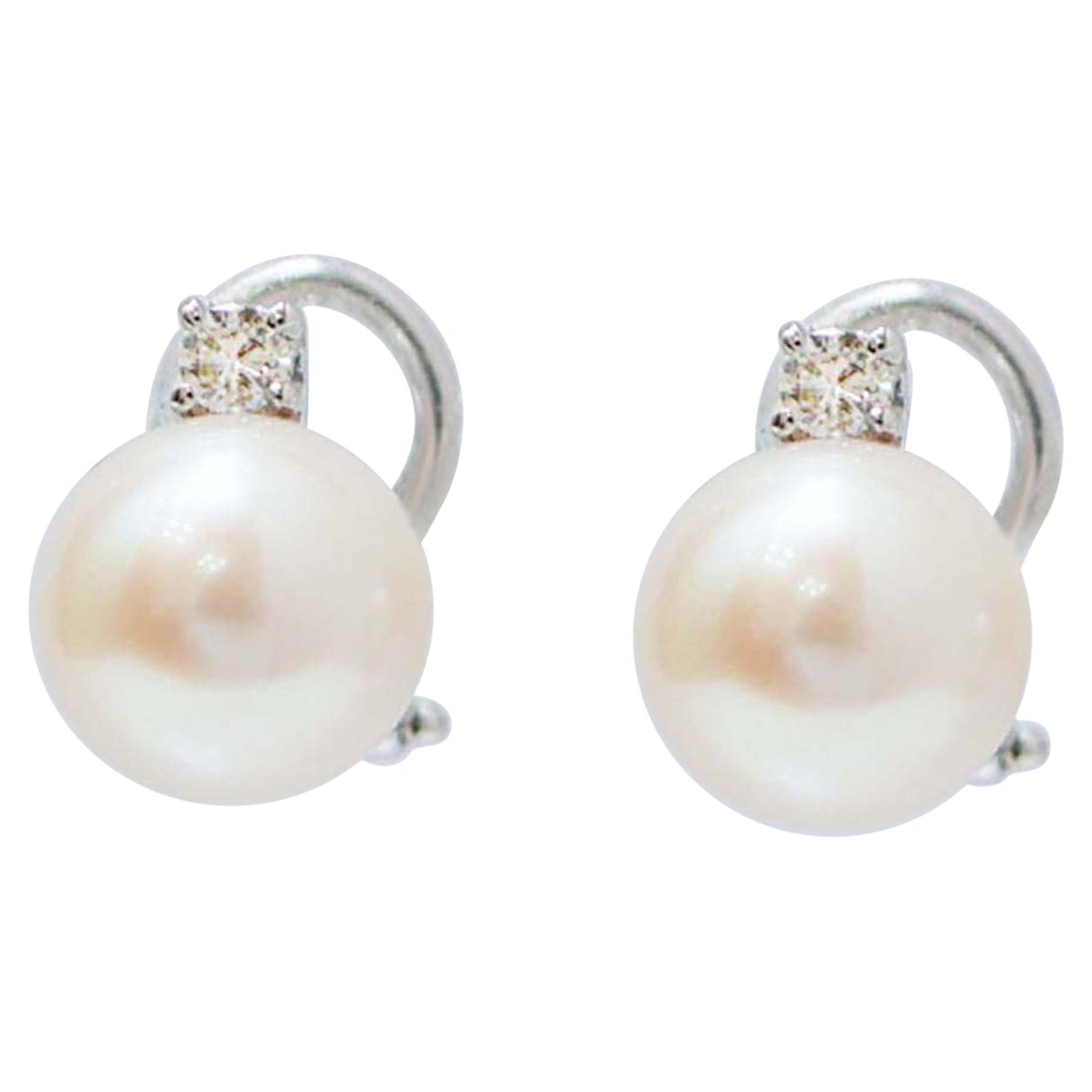 10 Mm Pearls, Diamonds, 14 Karat White Gold Earrings.