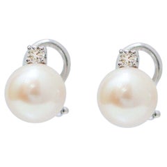 10 Mm Pearls, Diamonds, 14 Karat White Gold Earrings.