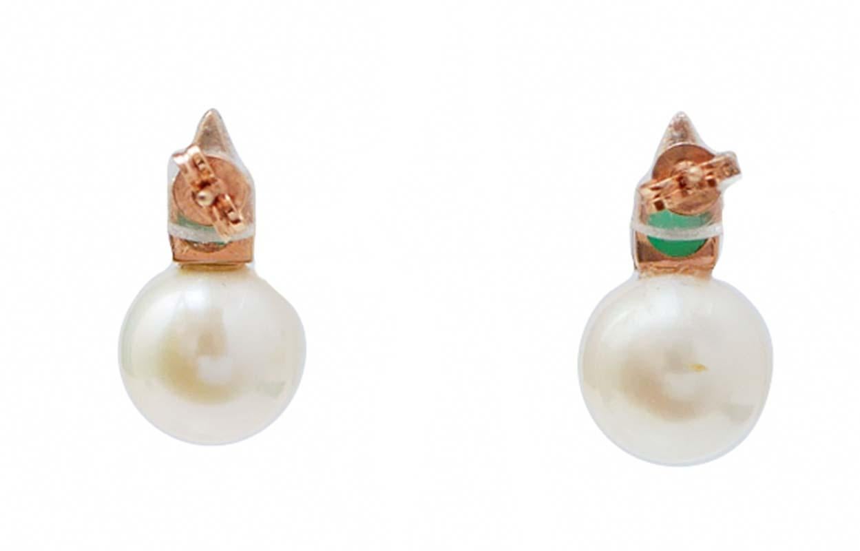 Retro 10 Mm Pearls, Diamonds, Emeralds, 14 Karat Rose Gold Earrings For Sale