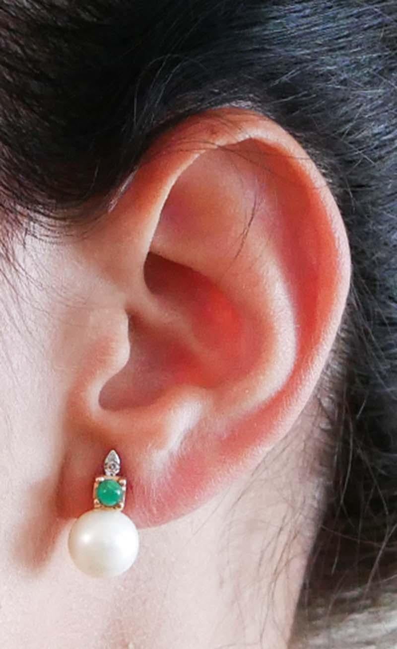 10 Mm Pearls, Diamonds, Emeralds, 14 Karat Rose Gold Earrings In New Condition For Sale In Marcianise, Marcianise (CE)