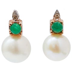 Boucles d'oreilles en or rose 14 carats, perles de 10 mm, diamants, émeraudes