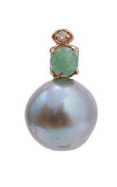 10 Mm Pearls, Emeralds, Diamonds, 14 Karat Rose Gold Earrings.