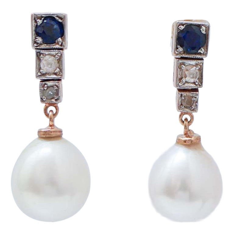 10 Mm Pearls, Sapphires, Diamonds, Rose Gold and Silver Tennis Earrings