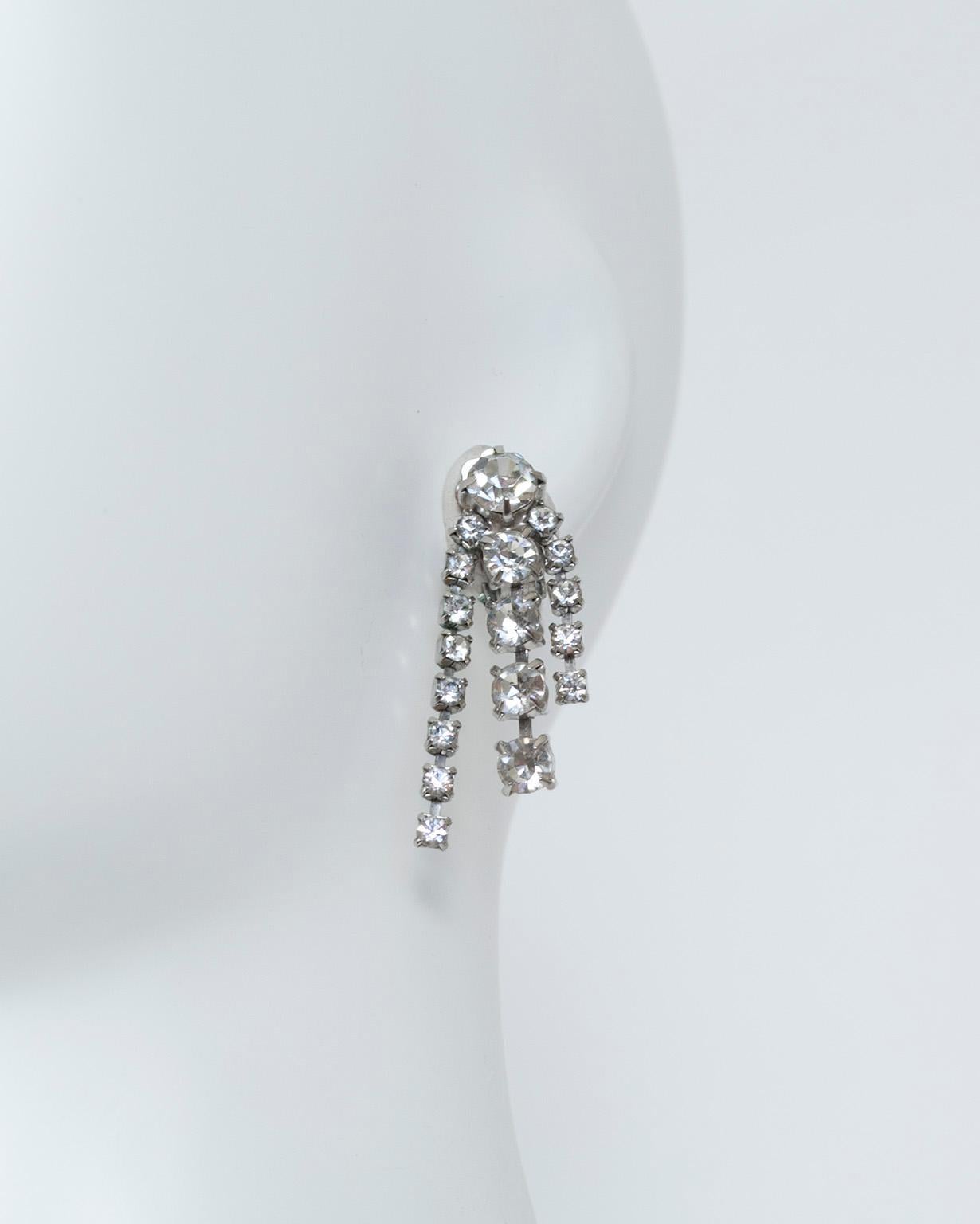 Retro 10 mm Rhinestone Crystal Graduated Chandelier Fringe Earrings, 1 ¾” – 1960s For Sale