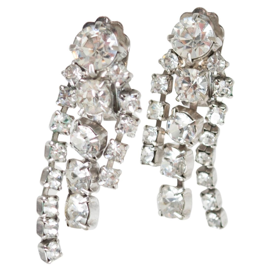 10 mm Rhinestone Crystal Graduated Chandelier Fringe Earrings, 1 ¾” – 1960s For Sale