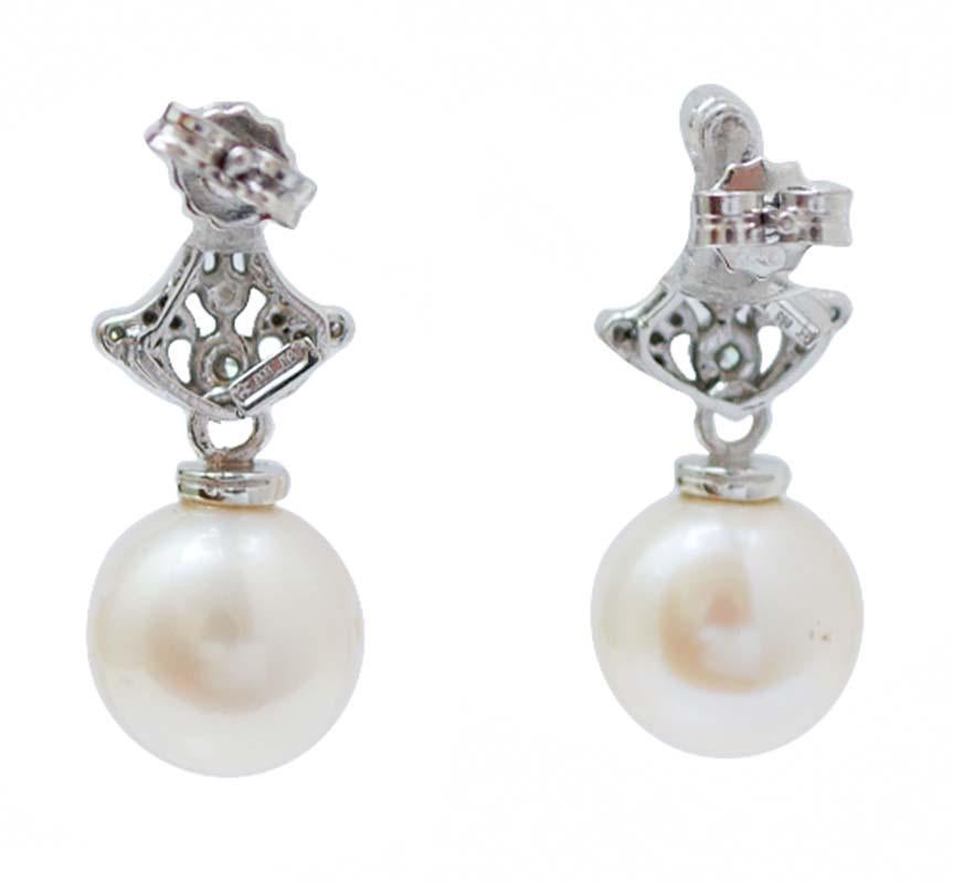 Retro 10 Mm White Pearls, Diamonds, 14 Karat White Gold Earrings.