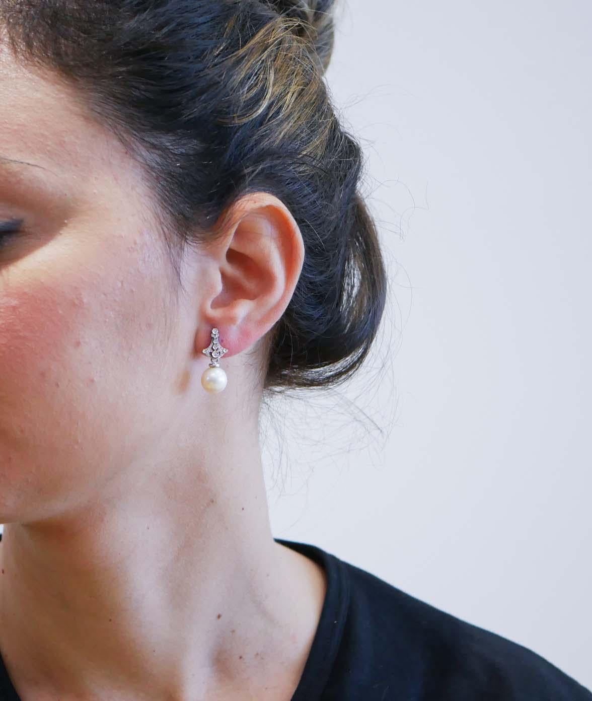 Mixed Cut 10 Mm White Pearls, Diamonds, 14 Karat White Gold Earrings.